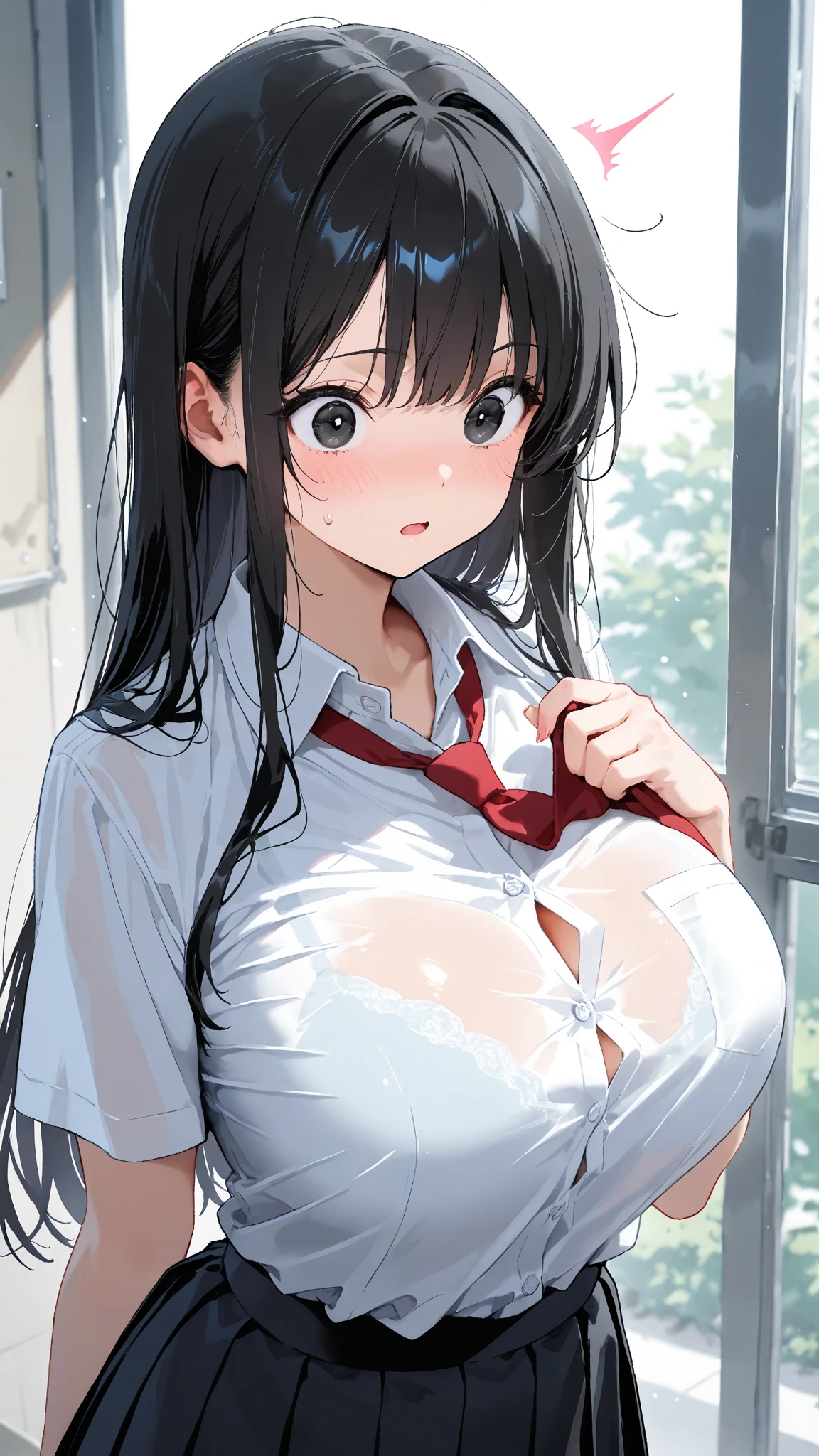 high school girl、beautiful girl、Black Hair、Big breasted body type、、Navy blue pleated skirt、Sailor-style 、Flushed Cheeks、Moist eyes、Shy expression、The veranda on a rainy day、Erotic atmosphere、Immoral scene、Sensual scene、Wet Hair、Wet Skin、Wet clothes、