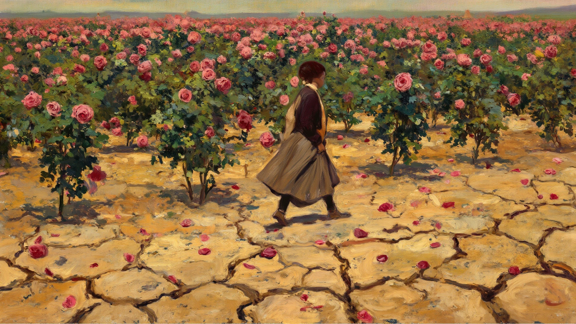 A oil painting, slender girl, big breasts, naked, a vineyard in the background, walking, black hair