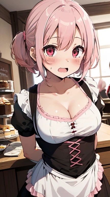 Short sleeve、A plain white dress with buttons in the front、Black ribbon around neck、Navy blue leather belt around the waist、Pink twin tails、Amber Eyes、Sleepy eyes、Drooling from the mouth、round face、Big Breasts、beautiful girl