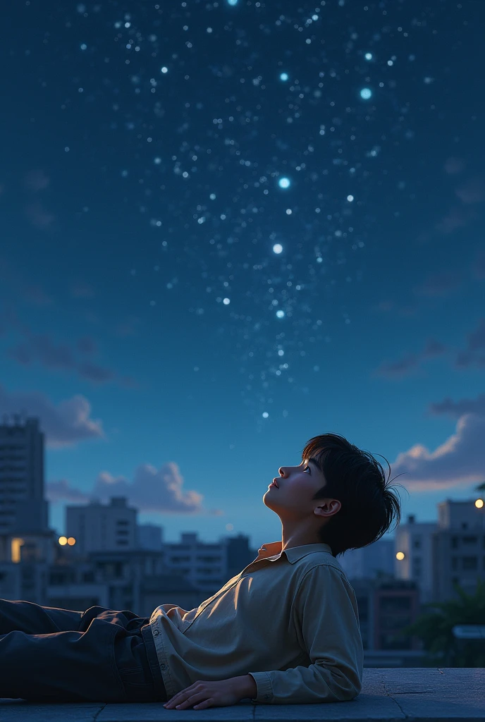 A realistic image of a boy sitting on a hill looking at the clear sky at night tall grasses lonely