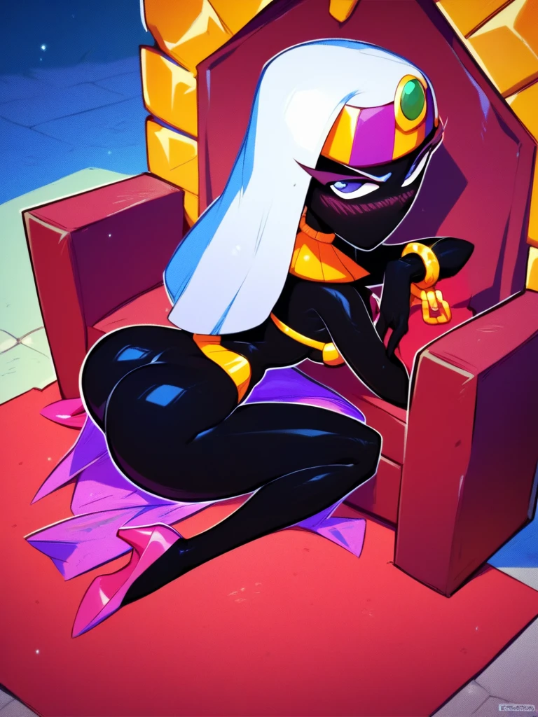 score_9, score_8_up, score_7_up, score_6_up, score_5_up, score_4_up <lora:Smooth Night Style SDXL_LoRA_Pony Diffusion V6 XL:0.7> <lora:Queen_Tyrahnee_PonyV5:1> queen tyr'ahnee, black_skin, martian, long_hair, purple_eyes, gold bra, on throne, purple wide skirt, crown, small breasts, spread legs, bare_thighs