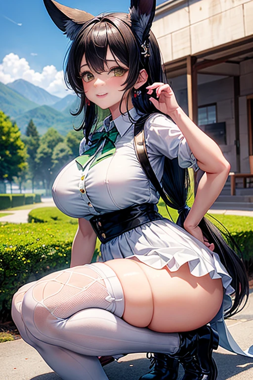 (masterpiece、highest quality、High resolution、realistic pictures、real looking skin:1.1)、
(The woman lifts her skirt and reveals her panties.々I&#39;m showing it to:1.8)、
(standing:1.5)、
(A provocative and grinning expression:1.8),
(I&#39;m wearing a dark blue long-sleeved V-neck knit:1.8)、
(I&#39;m wearing a gray tiered flared mini skirt.:1.8)、
(I am wearing black middle boots.:1.8)、
(The panties are black and have a pattern.:1.5)、
(brown middle ponytail:1.5)、
(small face:1.5)、
(I'm 22 years old:1.5)、
(Her breasts are D cup so you can see her cleavage.:1.5)、
(Bra is worn as a set with panties:1.5)、
(You don&#39;t have to show your bra:1.8)、
(The location is the grassy area of the park.:1.5)、
1 Japanese girl、solo、full body esbian、beautiful eyes、shining eyes、NSFW