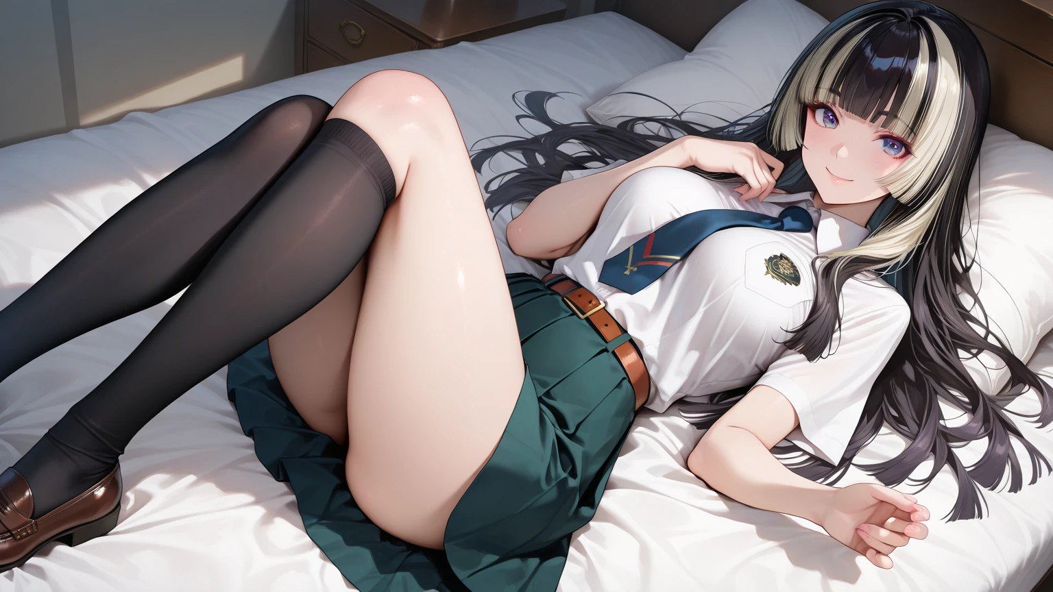 anime girl with big breastes and black stockings laying on a bed, a hyperrealistic schoolgirl, hyperrealistic schoolgirl, kantai collection style, top rated on pixiv, realistic schoolgirl, (sfw) safe for work, seductive anime girl, teasing smile, oppai, ecchi, pixiv 3dcg,Green jacket、Bare chest、Ecstatic expression、Sheer white panties、A flipped up short white skirt、Mayumi Saegusa、Mayumi Saegusa、Leg spread、Open your mouth wide、Drooling、Sticking out tongue、Black Hair、Long Straight Hair,Frown