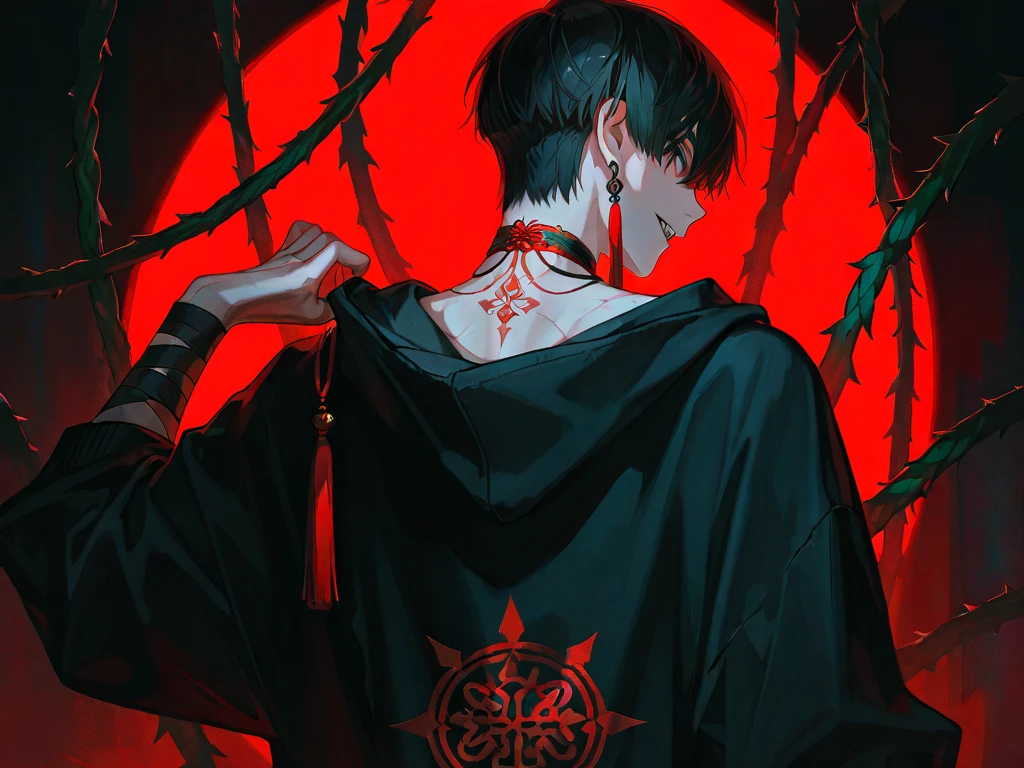 male anime character, Red Eyes, Black Hair, long blue hourglass tip earrings, blue, Red and black clothes, male  