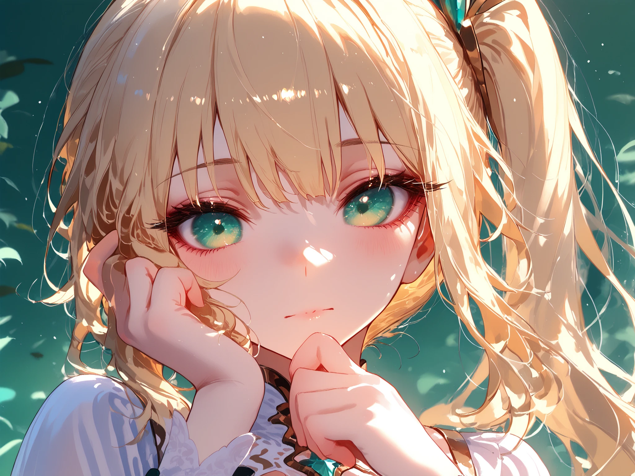 （masterpiece）、(highest quality)、((Super detailed))、(super delicate)、(IrohaBase, hair ornament, hairband, sarashi, haori, covered navel, black gloves, pleated skirt, green skirt, white thighhighs, )、、(lose one's clothes:1.3)、(from below:2), (face close-up:1.7),Hot spring at night、fantastic starry sky