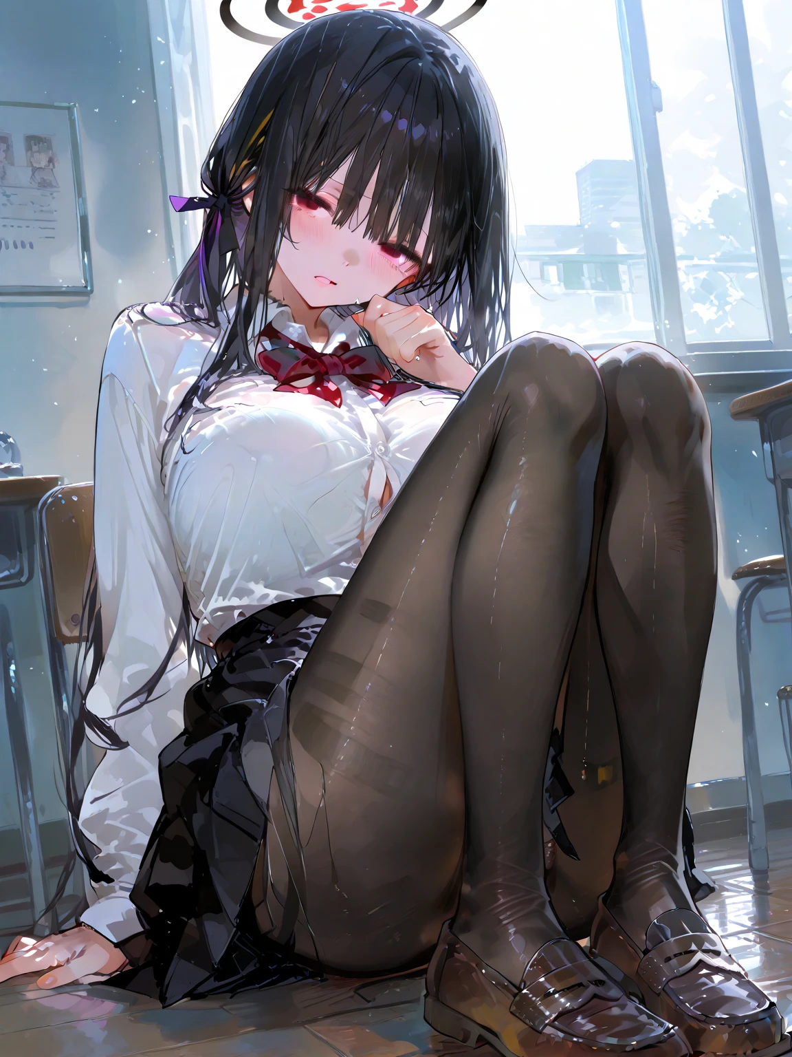 (Best quality, 8k, 32k, Masterpiece, UHD,:1.2),RAW, human, 1girl,ultra cute , ultra cute, natural lighting, transparent shining eyes, 20yo, medium breast ,femur, fair complexion , flushed face, Long sleeve black cardigan, white collared shirt, black pleated mini skirt, dark red bow tie, shiny,((classroom)), near the window, sitting on floor, bending knees, holding knees,hugging own knees, from front, show off panties,