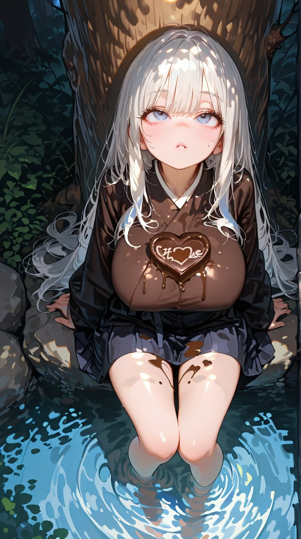 a girl laying in bed, kyoko kirigiri, wearing a pink shiny buttoned raincoat, ((muddy clothes)), covered in mud, mud splatters, embarrassed expression on her face, bright lighting, vivid colors