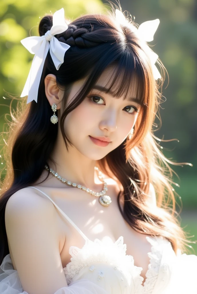 (Ultra-realistic), (Best illustrations), (Increase the resolution), (8k), (masterpiece), (wallpaper), alone, 1 girl, Looking at the audience, Black straight hair, In the Dark, Deep Shadow, Modest, Pure Erotic Face Ace_v1, Smile, whole body, Pasture、Half-cup bra with white lace showing nipples.Low rise white lace bra、Modestバスト,Flower crown