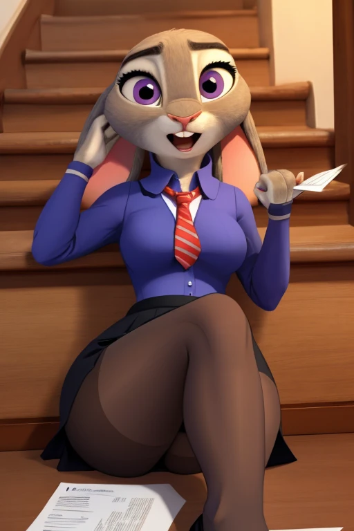 judyhopps, purple eyes, rabbit, rabbit ears, rabbit girl, (((black skirt suit))), (((three-piece suit))), (((dress shirt))), (((necktie))), (((blazer))), (((suit jacket))), (((open blazer))), (((black lapel))), (((waistcoat))), double-breasted waistcoat, (((satin bodycon miniskirt))), pocket square, cufflinks, tie clip, makeup, eyeshadow, mascara, eyeliner, sultry, blowjob, fellatio, deepthroat, facefuck, oral sex, high heels, cum on face, male tiger, size difference, short, squatting, bukkake, multiple penises, blowbang, cum covered, messy, cum on clothes, smile