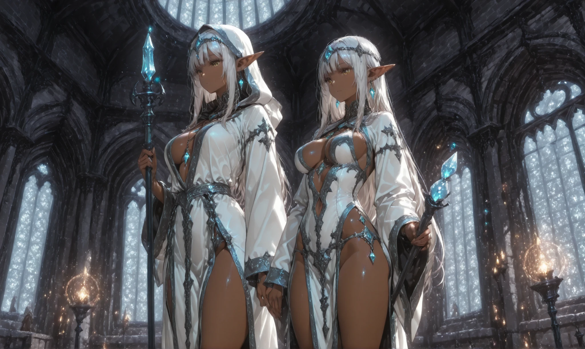A beautiful dark-skinned woman (full body portrait), long wavy silver-white hair, (detailed blue eyes), (beautiful detailed face),( simmetric face) pointed ears with silver earrings, (perfect attractive body)(large breasts), (wide hips), (thick thighs) wearing a (high-collared) low-cut dress (black in color) that reaches mid-thigh, long black cape (connected at the front with a silver chain) (a blue diamond hung from a long silver chain around the neck), black high-heeled boots up to the knee, an (intricate) silver belt around the waist, a (medium-sized) silver sword decorated with precious stones hanging from the belt, in the background a field full of blue flowers, (in the background a dense forest of tall white-trunked trees with red foliage)(reaslistic anime style)(hight cuality image).