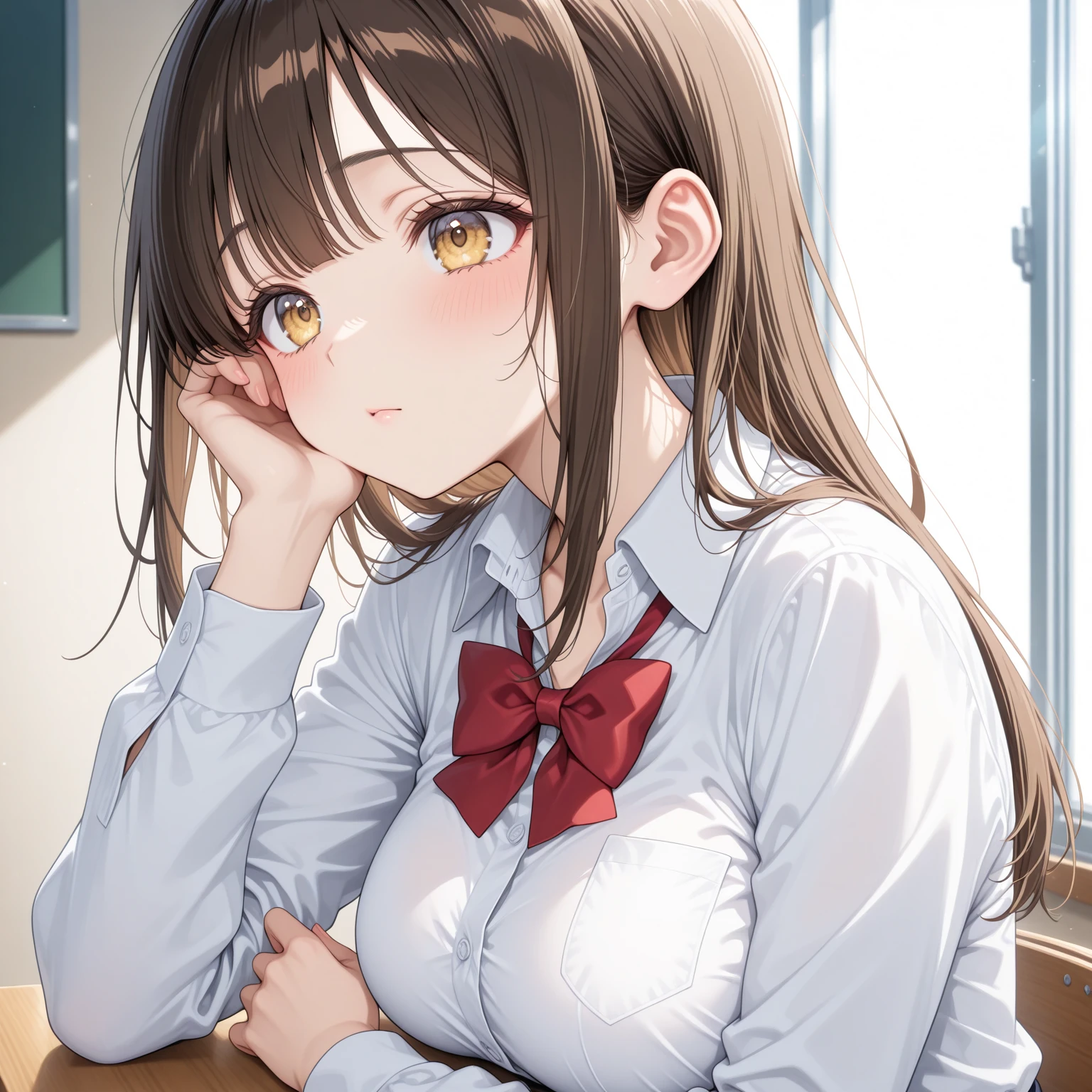 ((Tabletop, Highest quality, High resolution, Hmph, Pixel perfect, 4K, Hmph, Hmph))), One Girl, single, alone, Beauty、The whole body is visible、 ((Medium length wavy hair, bangs, Brown Hair)), ((Brown eyes, Beautiful eyelashes, Realistic eyes)), ((Detailed face, Blushing:1.2、Open it a little、Look up)), ((Smooth texture:0.75, Realistic texture:0.65, Realistic:1.1, Anime CG Style)), Medium chest, Dynamic Angle, Perfect body, ((school uniform,  White shirt, Black Skirt, Unbuttoned shirt、Checked skirt、I'm not wearing shoes、White Sox)), An empty classroom、Sit at a desk、Lower&#39;I took my feet off the desk.................................、Very embarrassing panic smile、(Lift up your skirt with your right hand、Spread your legs、Knees wide open、、Light blue floral lace panties)、、(Cute floral bra)、Angle from below
