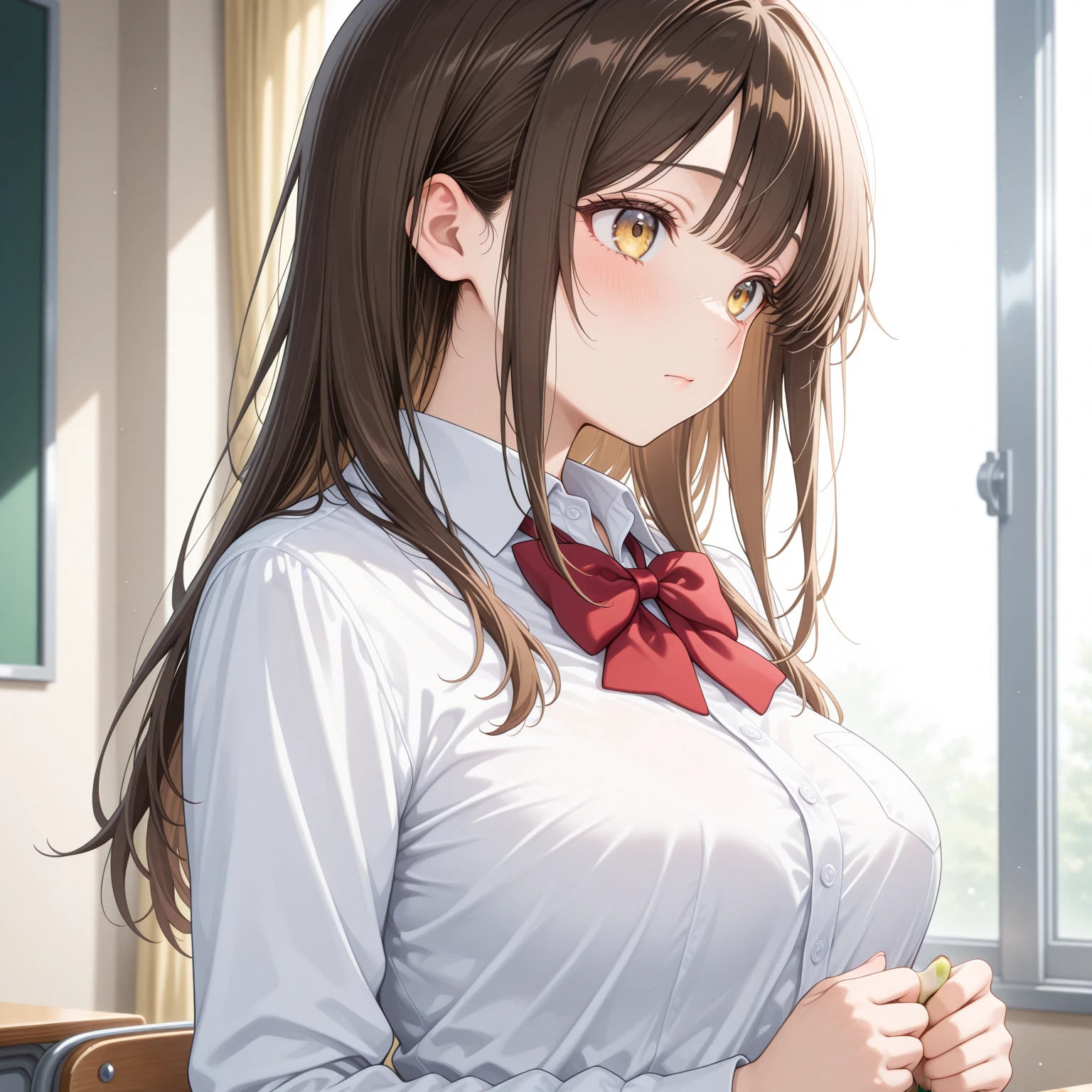 nozomitoujou, nozomi toujou, green eyes, brown hair, curly hair, large breasts, masterpiece, best quality, high resolution, beautiful detailed eyes, extremely detailed face, good lighting, detailed CG, messy hair, blouse, pencil skirt, one eye closed, upset, school corridor, sitting, leaning back, (knees bent), legs apart