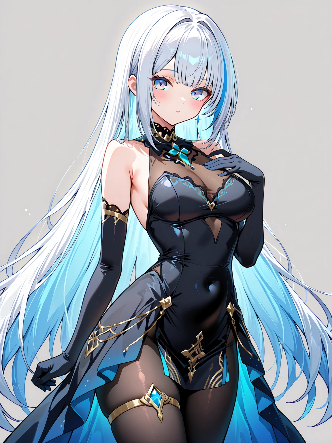 Blue Themes, Masterpiece, magical little girl, (Impossible clothes:1.5), Superskirt, Gradient background, Silver blue hair, perfect body figure, Blunt bangs,side locks, Red eyes, Medium breasts, Breasts, thigh gap, hair adornments, Arched back, black_witch_Hat,Intricate_decor,mistic_The fountain,Glowing_crystals