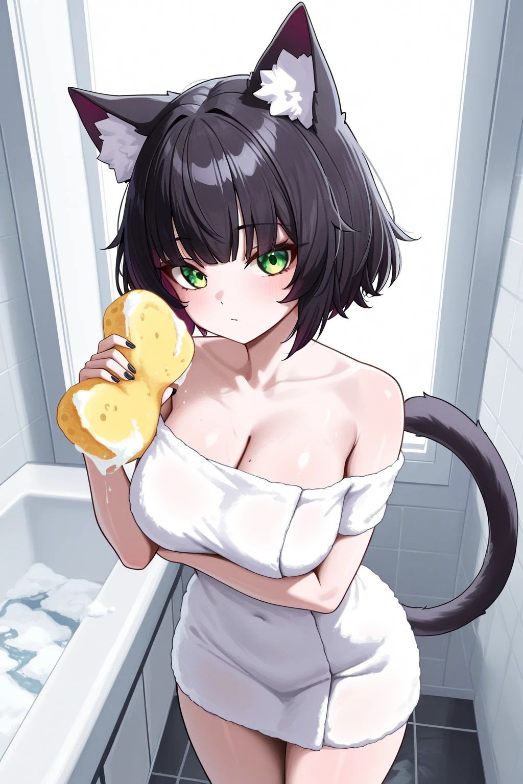 masterpiece, best quality, <lora:chloerollo-nvwls-v1-000009:0.9> chloe rollo, cat ears, maid headdress, nude, naked apron, tail, kitchen, smile, blush
