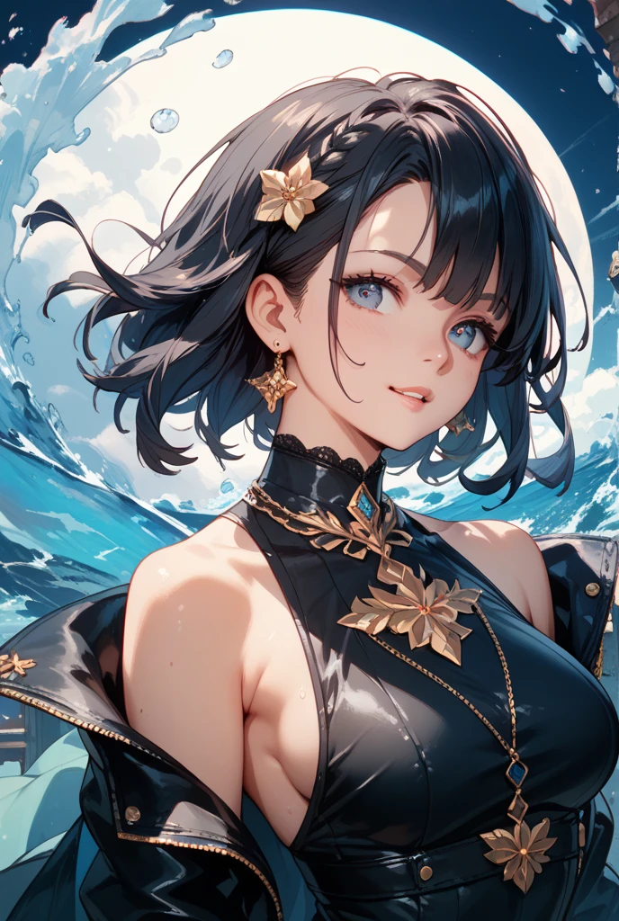 maionese shigure, 1 garota, seios, olhando para o espectador, corar, sorriso, cabelo curto, boca aberta, franja, hair ornament, Orelhas de animais, cabelo entre os olhos, medium seios, olhos roxos, presilha de cabelo, Olhos rosa, crossed franja, cabelo verde claro, orelhas de doninha, luvas, fur trim, jaqueta cinza, Grey hat, cauda de animal
