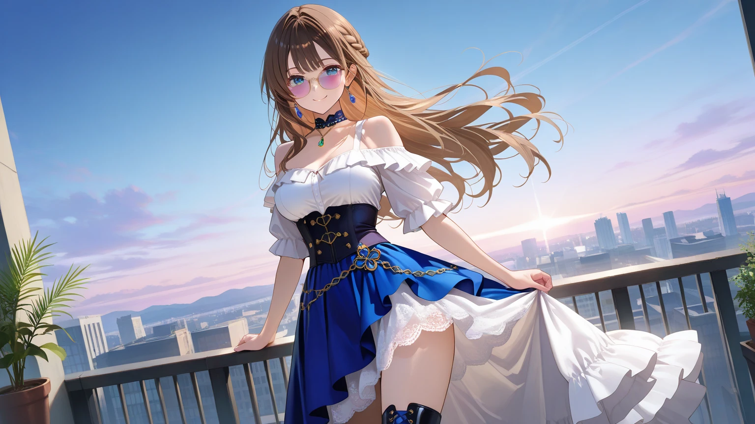 Kousaka honoka, blue eyes, masterpiece, best quality, (1girl:0.999), (breasts:0.959), (cleavage:0.939), (long hair:0.939), (hair ornament:0.932), (thighhighs:0.904), (boots:0.893), (strapless:0.838), (shorts:0.836), (thicc body), (large breasts:0.720), (collarbone:0.683), (flower:0.646), (cuffs:0.581), (closed mouth:0.571), (weapon:0.556), (holding:0.542), (garter straps:0.508), (hair flower:0.508), llchar, Night, sky, stars