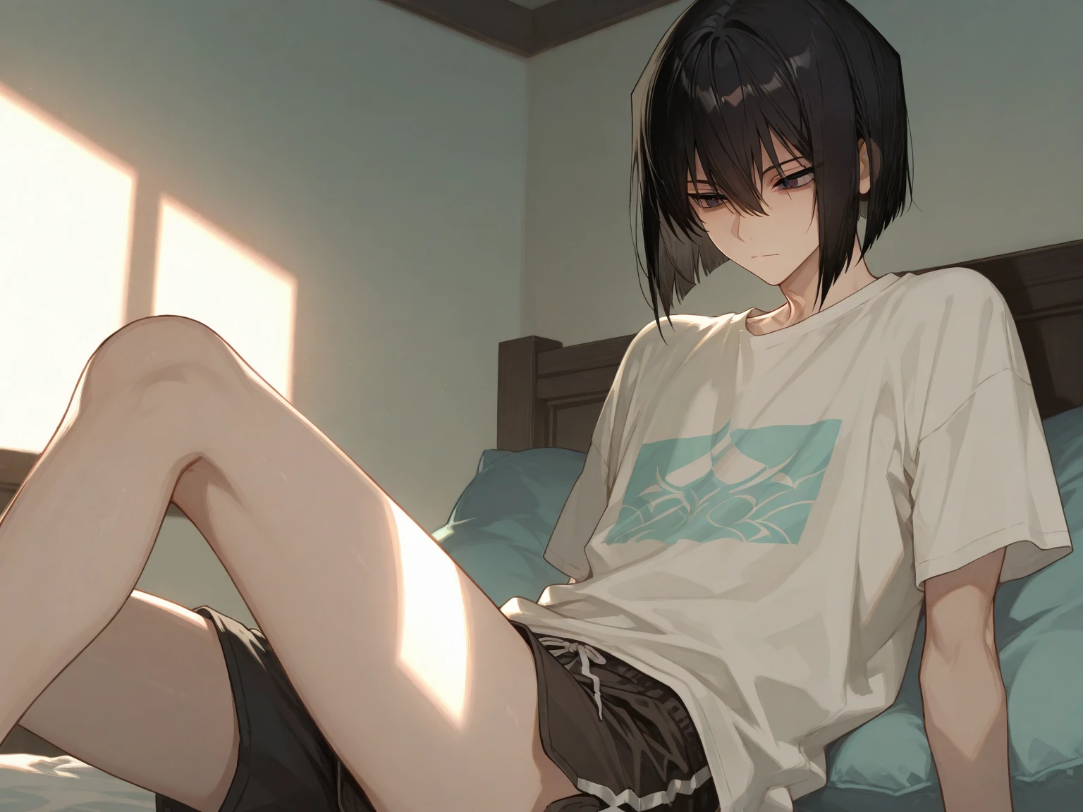 black hair, boy,  sitting on couch, short hair, small breasts, shirt,