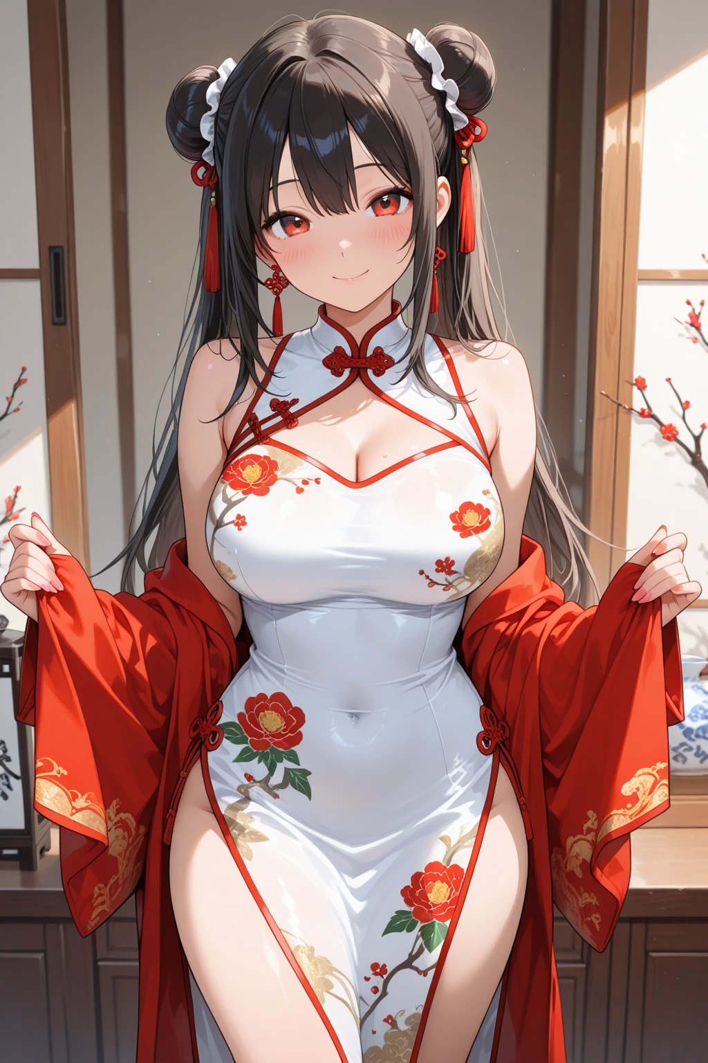 ((masterpiece)), ((Best Quality)), (Ultra-detailed), ((kawaii)), Cute, (lovely), ((Sexy)), (Ero:1.3), ((Extremely detailed)), 4K, (8K), Best Quality, (Beautiful), Illustration, Anime style, Painting, Dynamic Angle, Cowboy Shot, from wildcard, Drama-style Japanese-style room, (rub one's chest:1.4), (Poses for erotic photo albums), Gradation, full body focus, Cute little girl s, 1girl in, Solo, Japanese miko costume, black hair, Beautiful random colored eyes, ((Beautiful eyes)), White-skinned, Random hairstyle, Buttocks, (Colossal tits), (smile), Troubled expression, (red blush:1.5), Sweat, sparkling effect, Lens Flare, shiny-glistening, gleaming