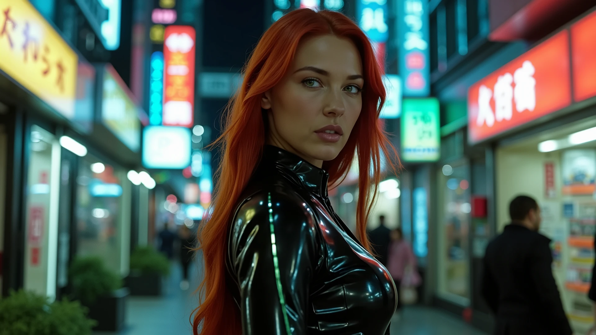 A captivating character who seamlessly blends the essence of a realistic woman with the allure of a sci-fi icon stands confidently on a bustling street at night. Her striking red hair flows elegantly, contrasting beautifully with her mesmerizing green eyes that draw attention amidst the vibrant neon lights illuminating the scene. This stunning fusion of authenticity and futuristic design is evident in her attire, which features sleek lines and glowing accents that harmonize with the advanced technology surrounding her. The atmosphere buzzes with the hum of machinery and the heartbeat of the city, creating an ideal backdrop for her intriguing presence. As she gazes into the distance, the interplay of shadows and vivid colors highlights her features, transforming her into both a compelling character and a symbol of beauty within this dynamic, futuristic world. In this captivating environment, she embodies the strength and complexity of a woman who navigates both the challenges of reality and the wonders of science fiction.