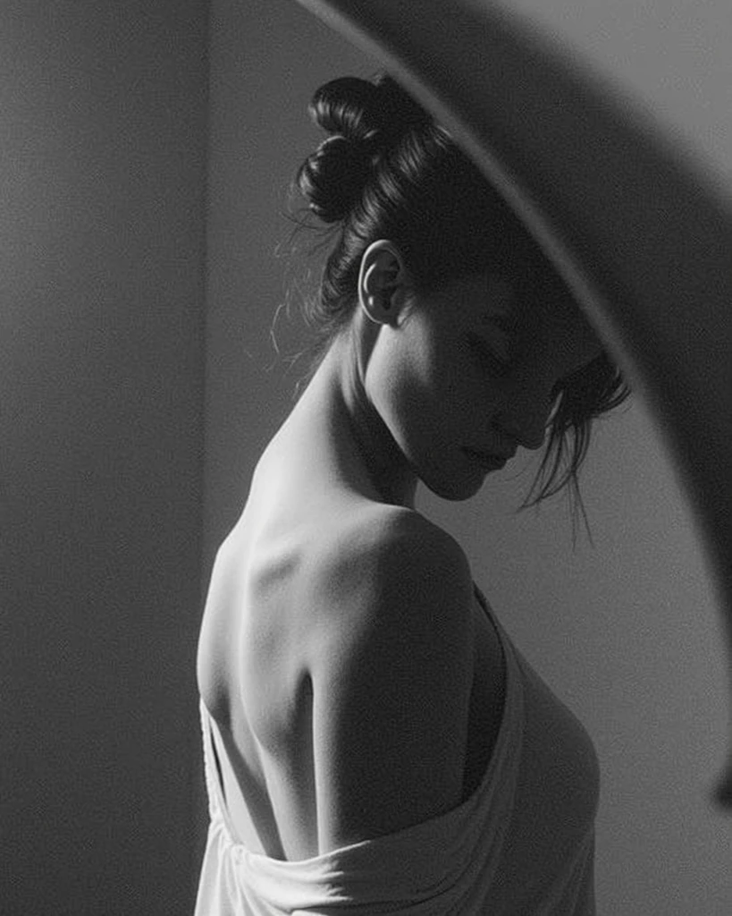 Art Photo,Old Monochrome Film, Bokeh, Flare, Low Contrast ,High-Key , Twilight ,Beautiful Messy Woman , Sweet Body , Wearing Transparent Wear ,Loose, Wear Come Off , In The Bedroom , Moist Eyes
