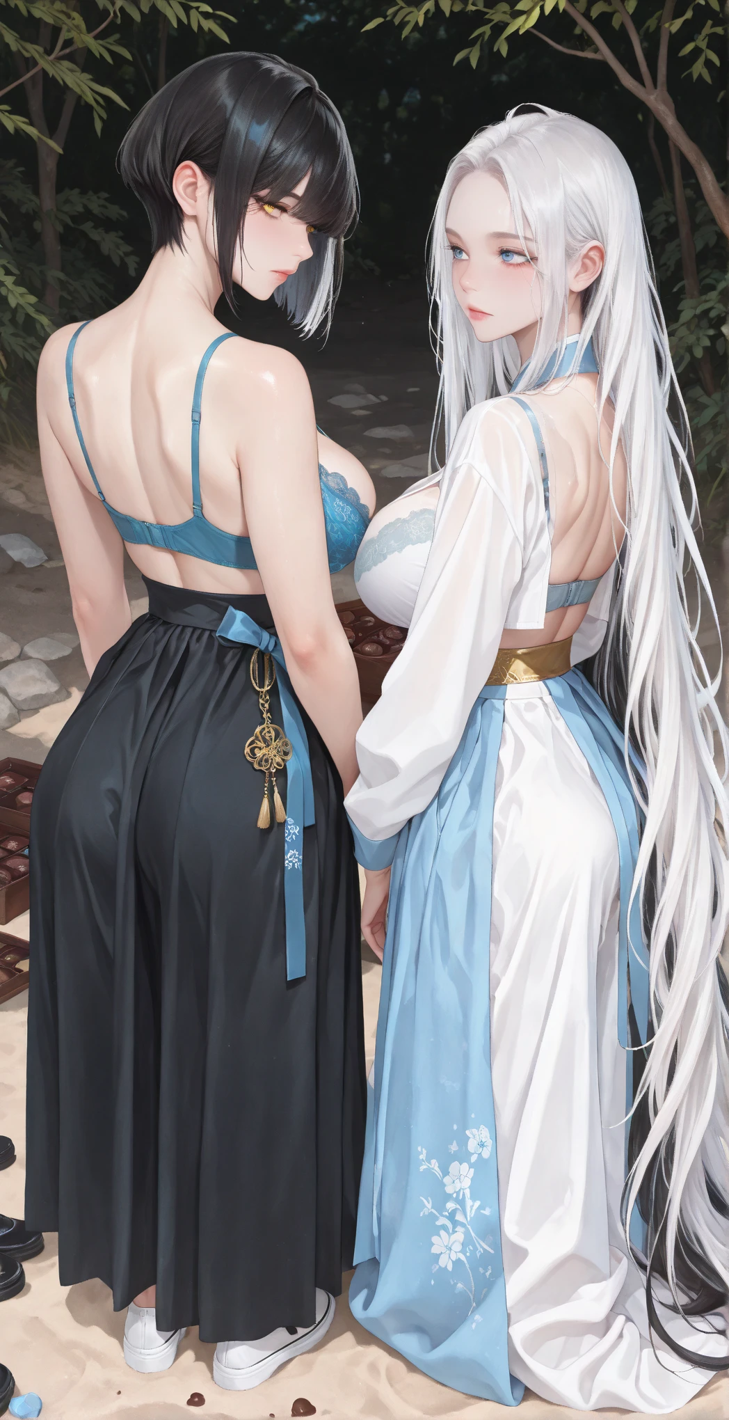 ningguang (genshin impact), 1girl, long hair, breasts, looking at viewer, blush, bangs, multiple girls, large breasts, hair ornament, red eyes, dress, holding, 2girls, bare shoulders, closed mouth, white hair, heart, solo focus, looking back, uncensored, chinese clothes, tassel, china dress