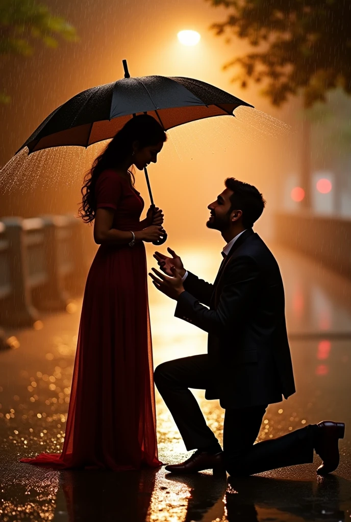 The image shows a young man kneeling on the ground in front of a young woman who is holding a red rose. The woman is wearing a blue dress and has long dark hair. She is standing on a street with houses and trees in the background. The sky is cloudy and it appears to be raining. The man is holding the rose in his hand and is looking at the woman with a smile on his face. The image has a dreamy and romantic feel to it.