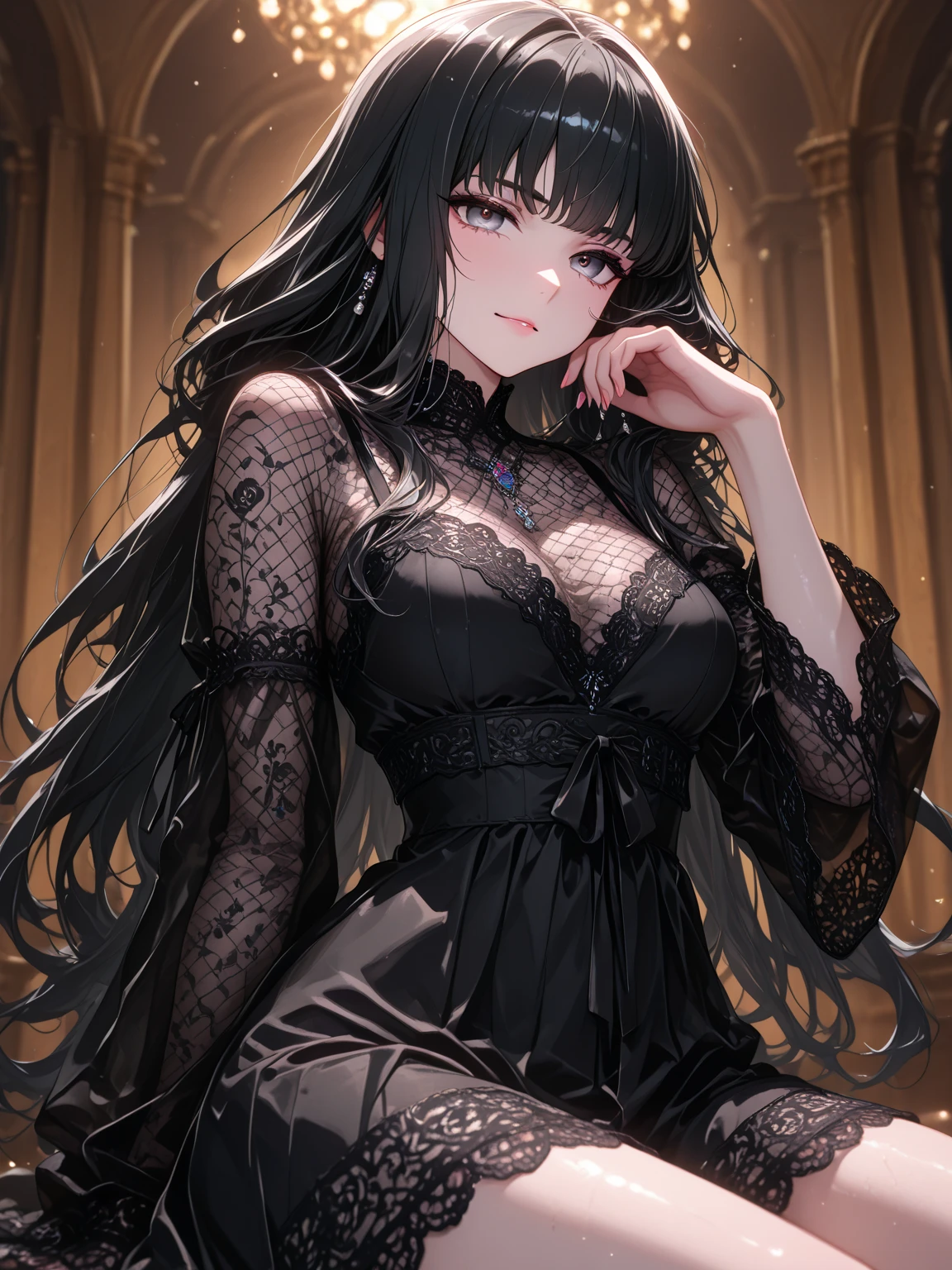 woman on the catwalk at a fashion show，detailed face, intricate eyes, skin pores，detailed face, red purple eyes, black wavy hair, skin pores，black longsleeve suit，
