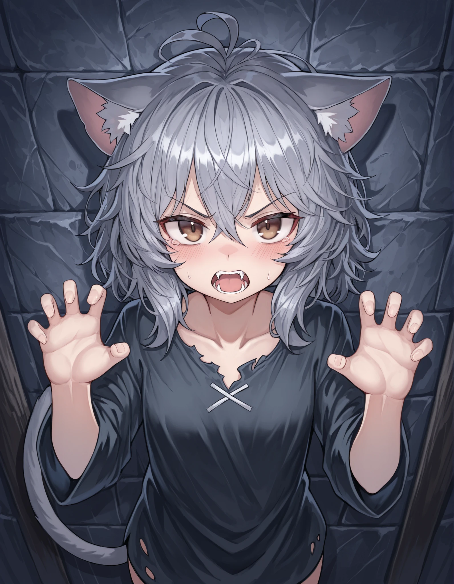 nameno92372763 Style,, 1girl, petite, (skinny and frail:0.7), cat girl, against wall, stone wall, brown eyes,looking at viewer, grey hair, medium hair, messy hair, angry, (scared:0.4), (open mouth:0.5), fangs, hands up, (tearing up:0.5), tail raised, torn clothes, straight-on, dark, night, outdoors, masterpiece,best quality, amazing quality,