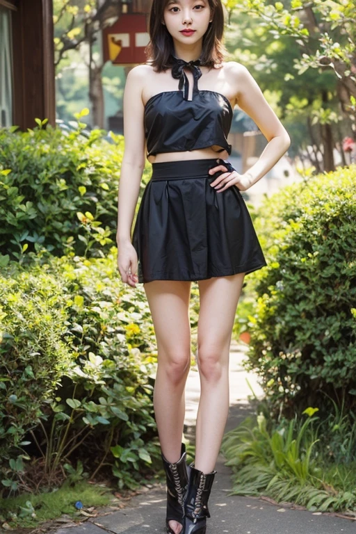 Beautiful full body image of a young woman, wearing a V-NECK, OFFSHOULDER, STRAPLESS, miniskirt