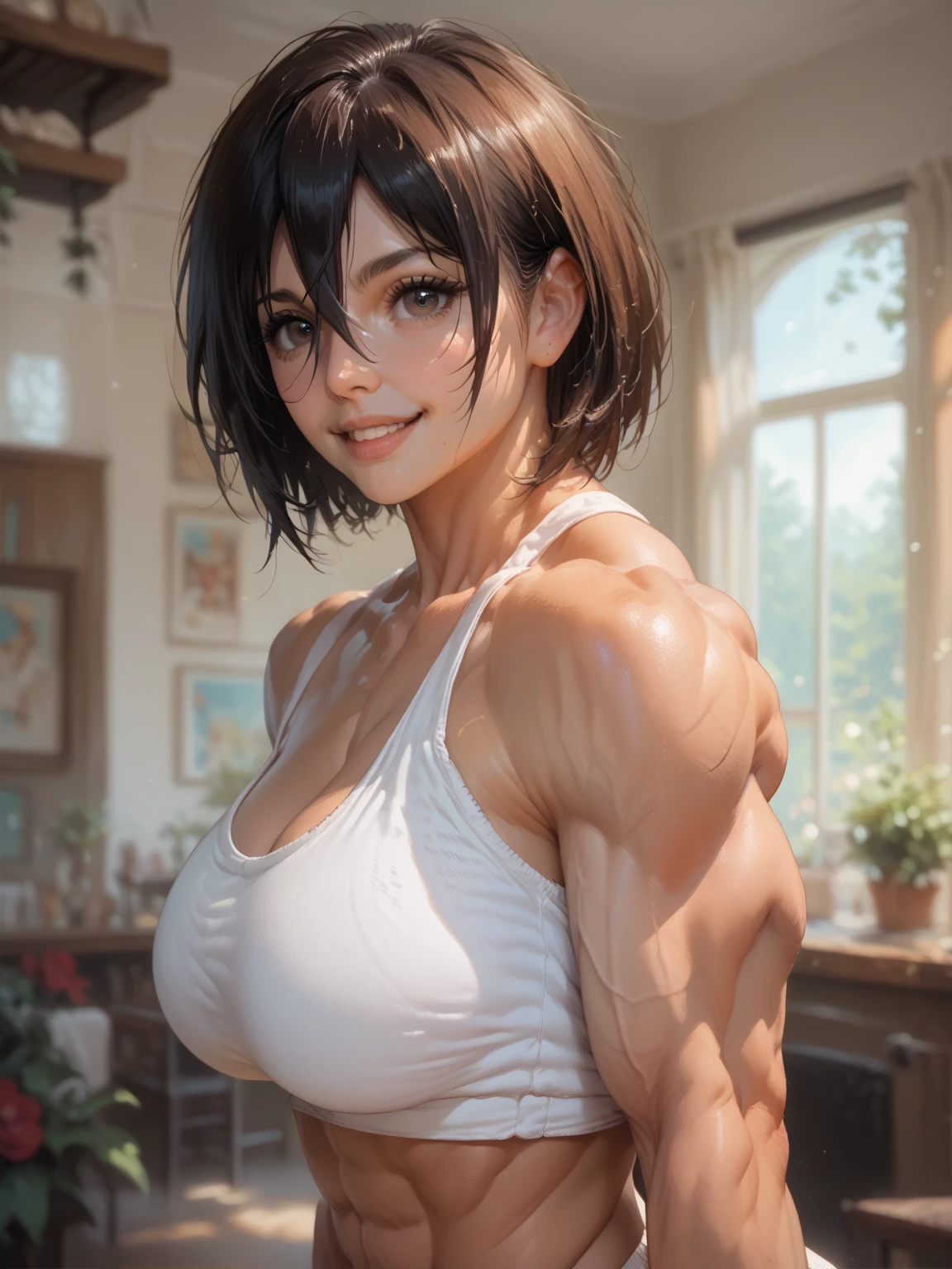 high quality, detailed, Realistic, (25 years old tanned shemale body builder), (strong muscle legs), (detailed black eyes), (black ultra short hair:1.1), (muscle),(tanned dark brown skin), dungeon, (black tiny thong), (bulge:1.2), (detailed puffy nipples), detailed areola,sweat, best quality,4k,8k,highres,masterpiece:1.2),ultra-detailed,(realistic,photorealistic,photo-realistic), face close up,--no watch, 