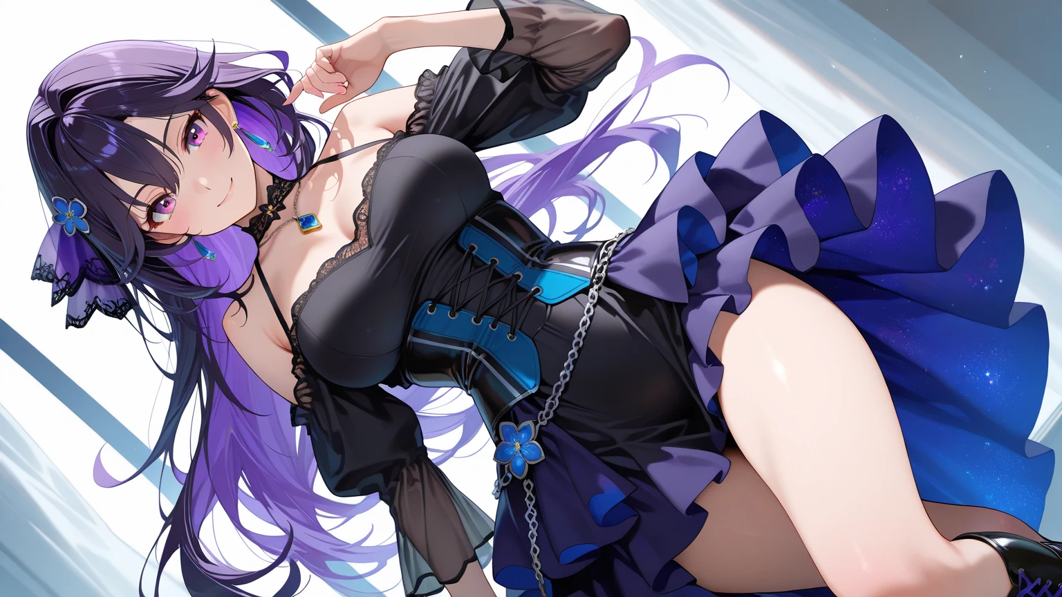 HDR , high quality ,ultra detail , sexy girl , nice background , standing , skirt , bra , smile ,purple hair , medium tits , from back , sexy pose , soft light