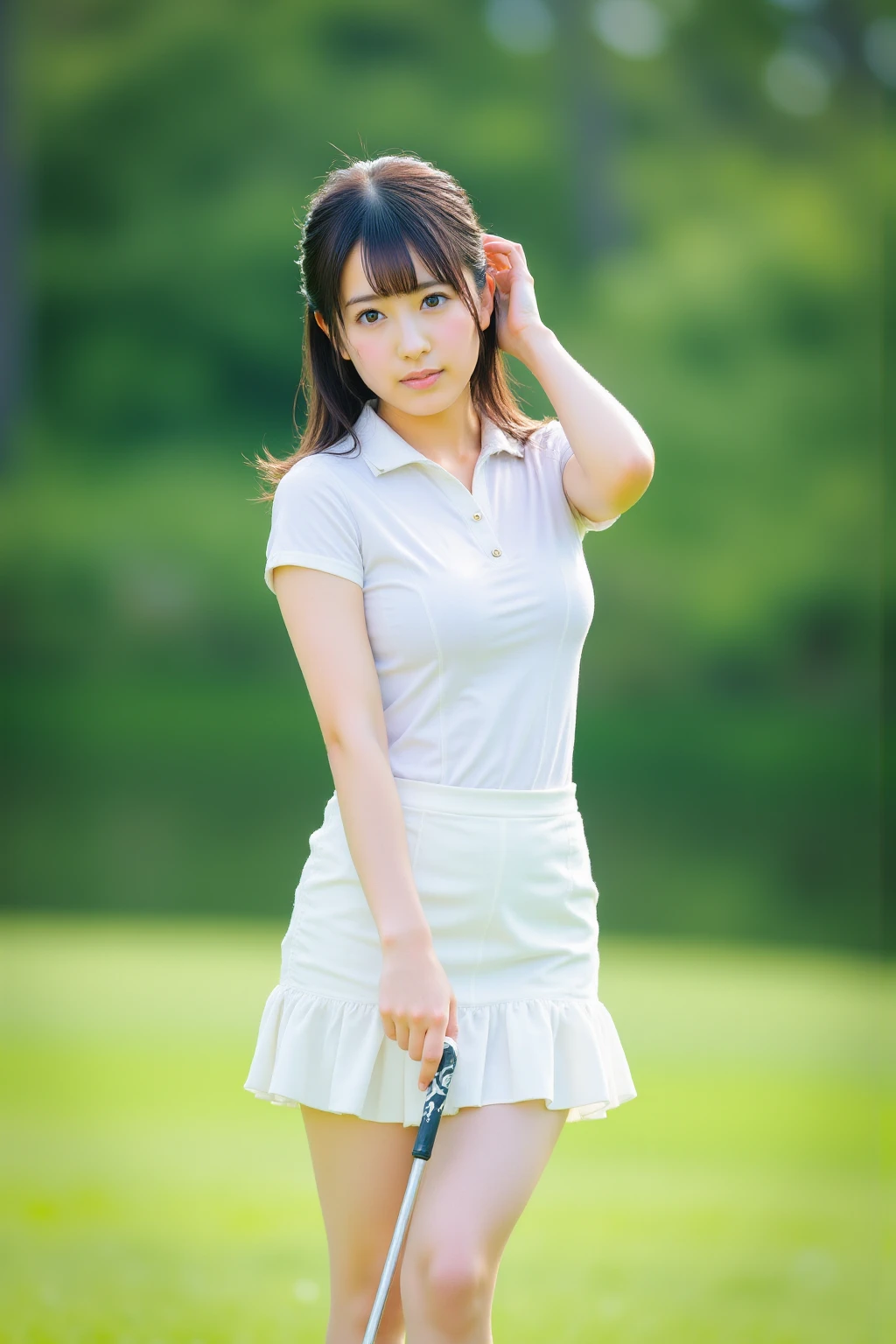 Highly detailed CG Unity 8k wallpaper, with the best quality, Super detailed, masterpiece, realistic, Realistic Photos, Highly detailed cute girl, 25 years old, solo、slender, tall 170cm,(sexy golf wear) , (golf micro mini skirt) , (hugging a golf driver), (wearing golf gloves), (Turn around)、smile , round eyes, slender body, natural breasts、viewers watching, half body shot , ah golf course , Sun visor, bat shot, NSFW,