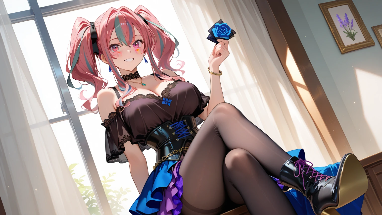 One young and beautiful woman,(Highest quality,Extremely detailed depiction,Incredibly absurd high resolution,Anatomically accurate depiction,Nice hands,Perfect Fingers,Curvy Legs),(Glowing Skin,Glossのある肌),(Sexy Idol),(Idol Costumes,Cute hairstyle,tights,Choker of Hearts,boots,Gloss),eyelash,(Pink Eyes,There is cleavage in the chest,Glossのある口紅,Mouth open),Eating a donut with relish,whole body,background:Inside the cafe