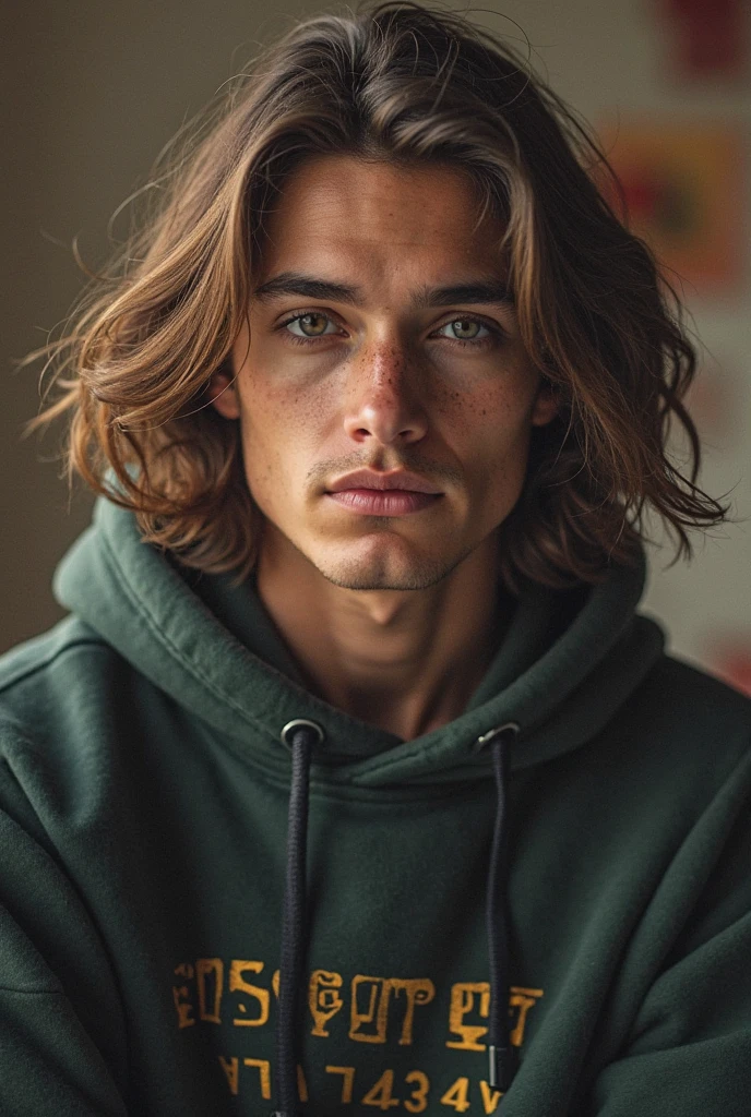 Skater con tonalidad de piel claro, light brown eyes and brown hair, wearing a street red scarf and showing his aesthetic physique.
