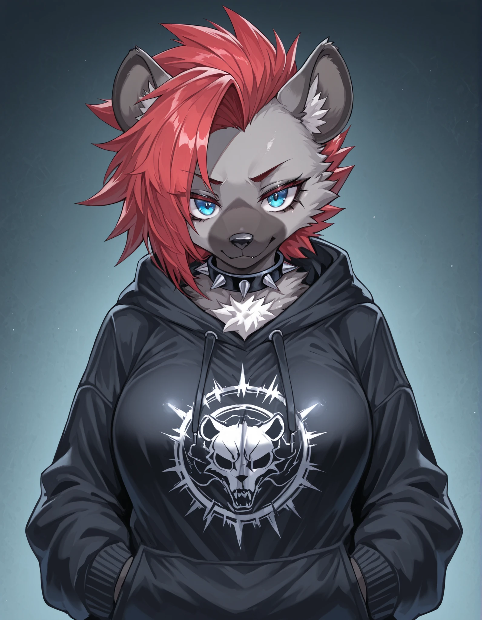 nameno92372763 Style,, 1girl, solo, anthro hyena, furry, furry female, blue eyes, punk, grey fur, black hoodie, breast, spike collar, red hair,