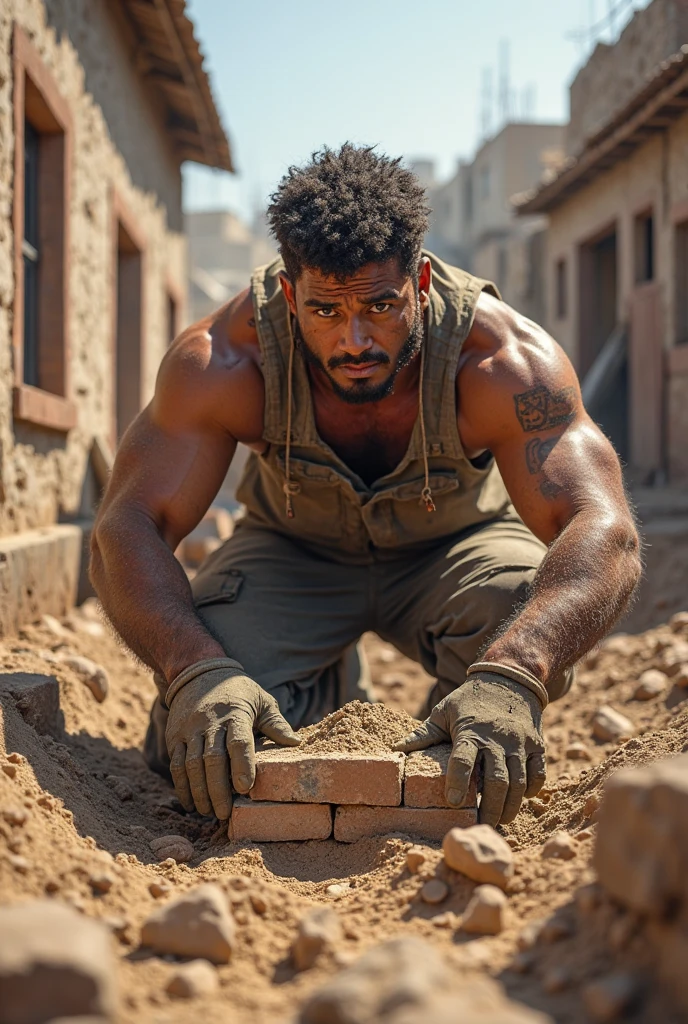Hairy, strong, shirtless worker. Working in the Rio de Janeiro favela as a bricklayer