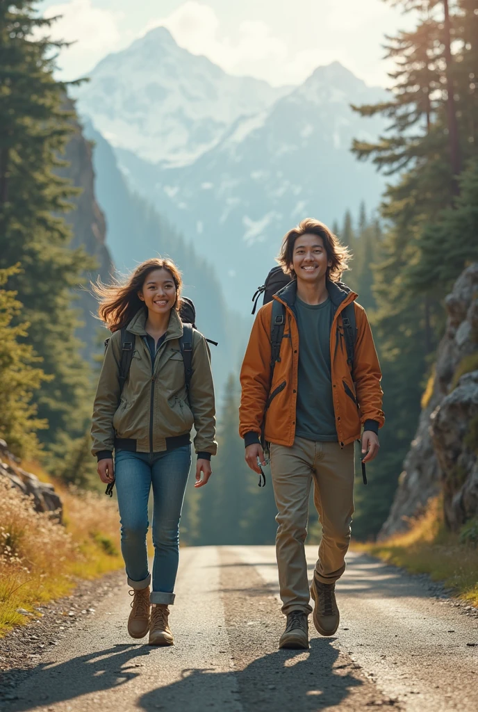 ((((Medium shot))), couple, (a man and a woman), two individuals, deep forest, adventure, frolic, hitting, sweet, happiness, smile, storm jacket, sweater, jeans, happy, pretty eyes, playful, surrealism, pov, romanticism, cinematic lighting, 8K, UHD, masterpiece, ccurate, anatomically correct, textured skin, high detail, high quality, high resolution, award-winning, best quality, 16K, bad body, bad hands, bad legs.