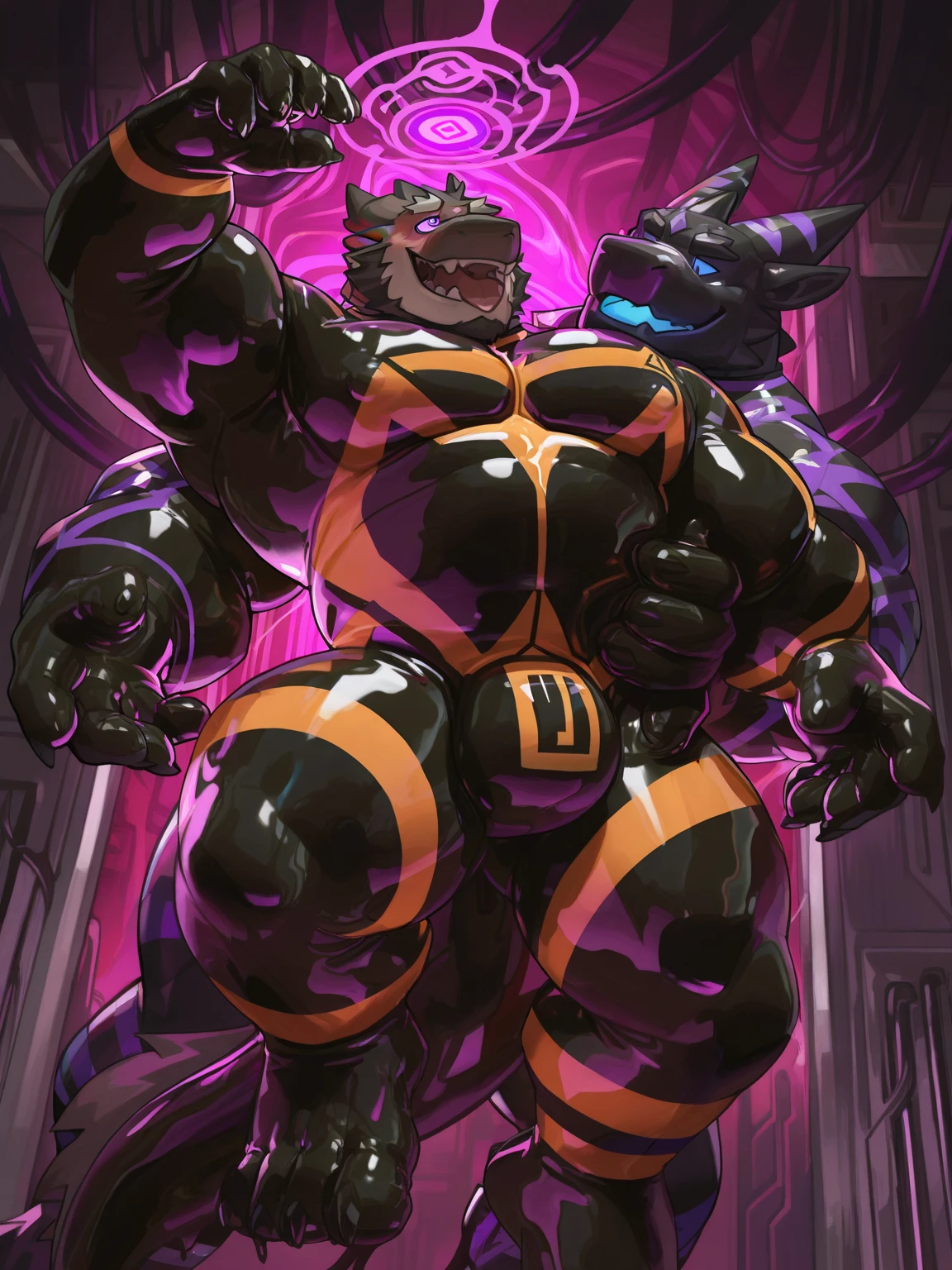 Dark fantatsy,giant monster,full body,animal legs,black skin,robot seams,cyberpunk abomination,big breasts,seams,neon trims,(glowing purple trim:1.3),eyeless monster,mecha monster,long head,long neck,mechanical monster,metalic sheen,no eyes,wide mouth,sharp teeth,only mouth,tongue out,very long tongue,abs,look at viewer,wet,smile,