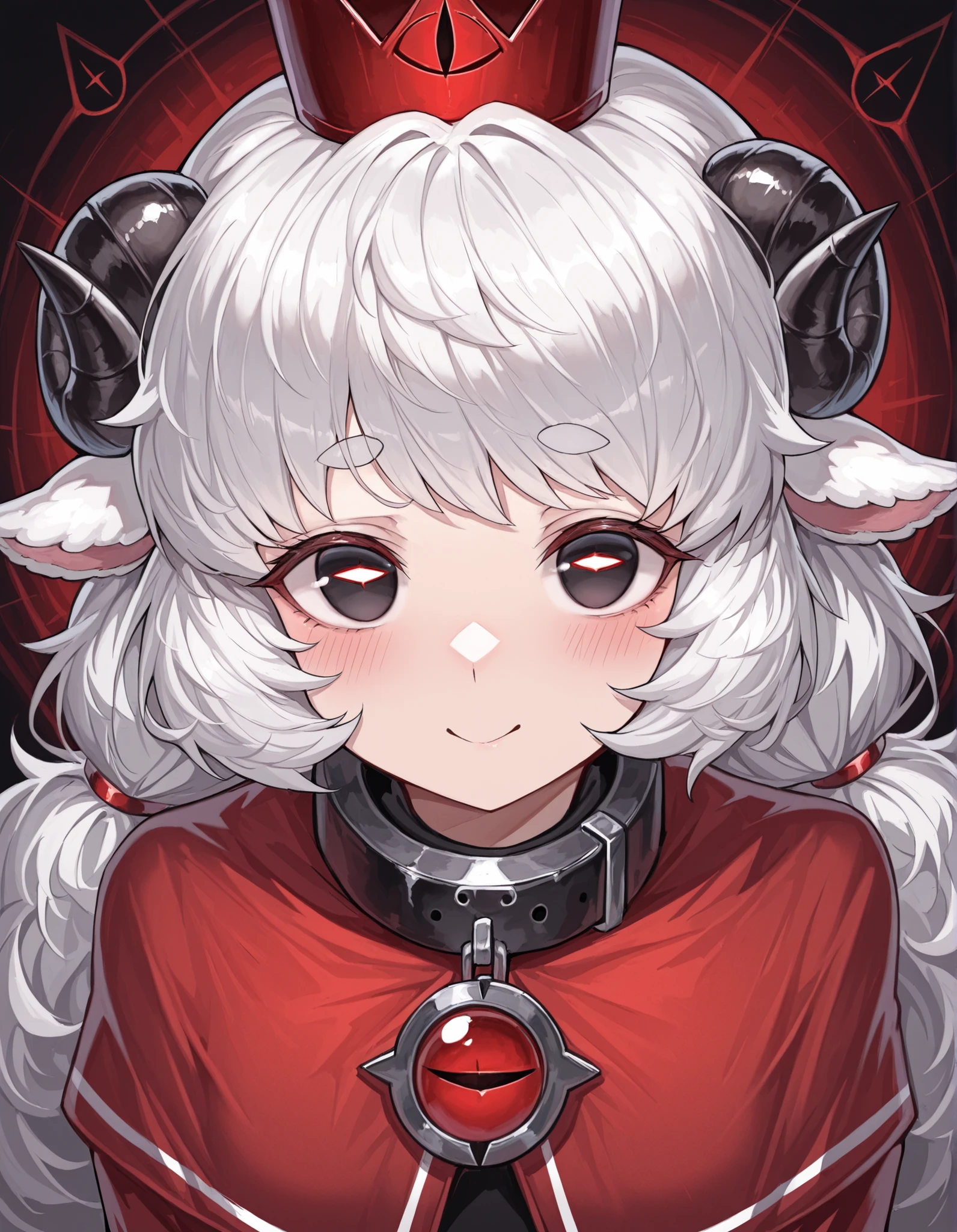 nameno92372763 Style,, masterpiece, best quality, very aesthetic, 1girl, solo, cult of the lamb, sheep girl, collar, horizontal pupils, red/black eyes, red crown,