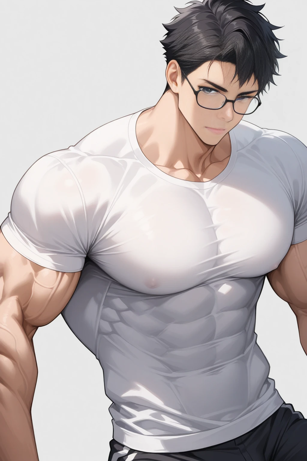 K-Pop idol Suga BTS has short black hair, wears glasses, looks authentic, slightly muscular body, wears a white t-shirt,