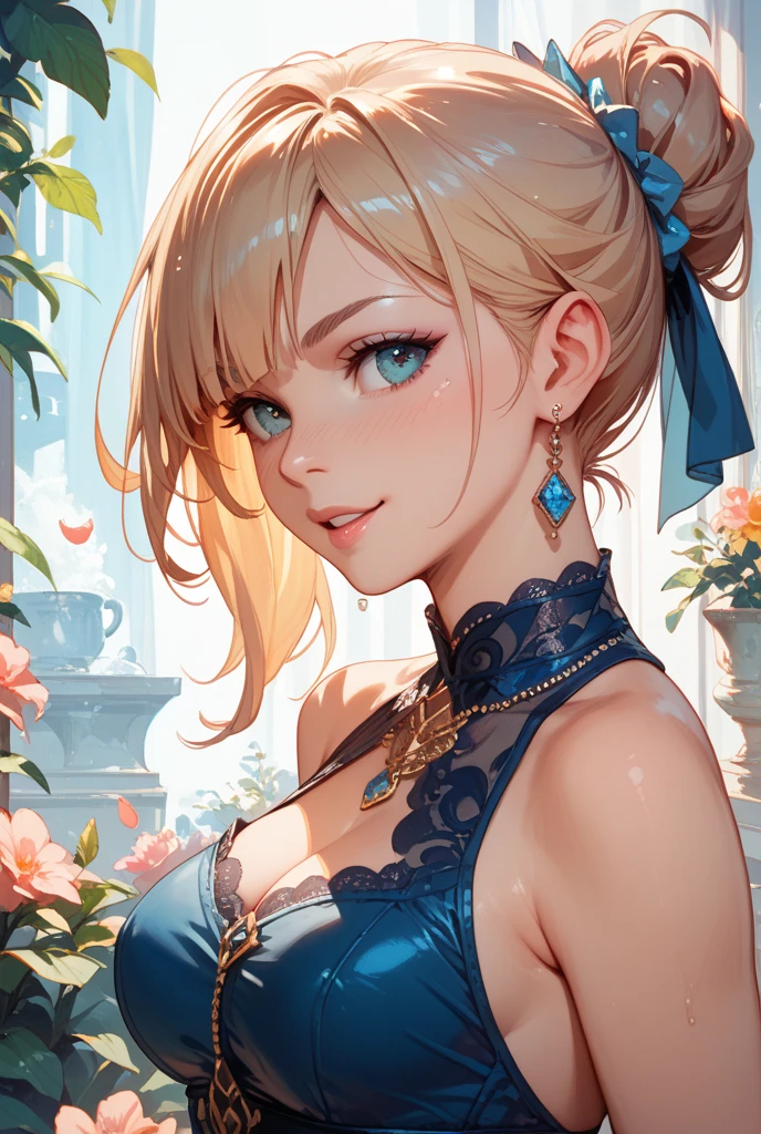 high definition symmetrical image, (goddess of breasts, a woman born from flowers, (round face), drooping eyes, smiling, small breasts, focus on breasts, cute dress, hip, bra, blond), ((art nouveau)), kneeling, ecstasy face,