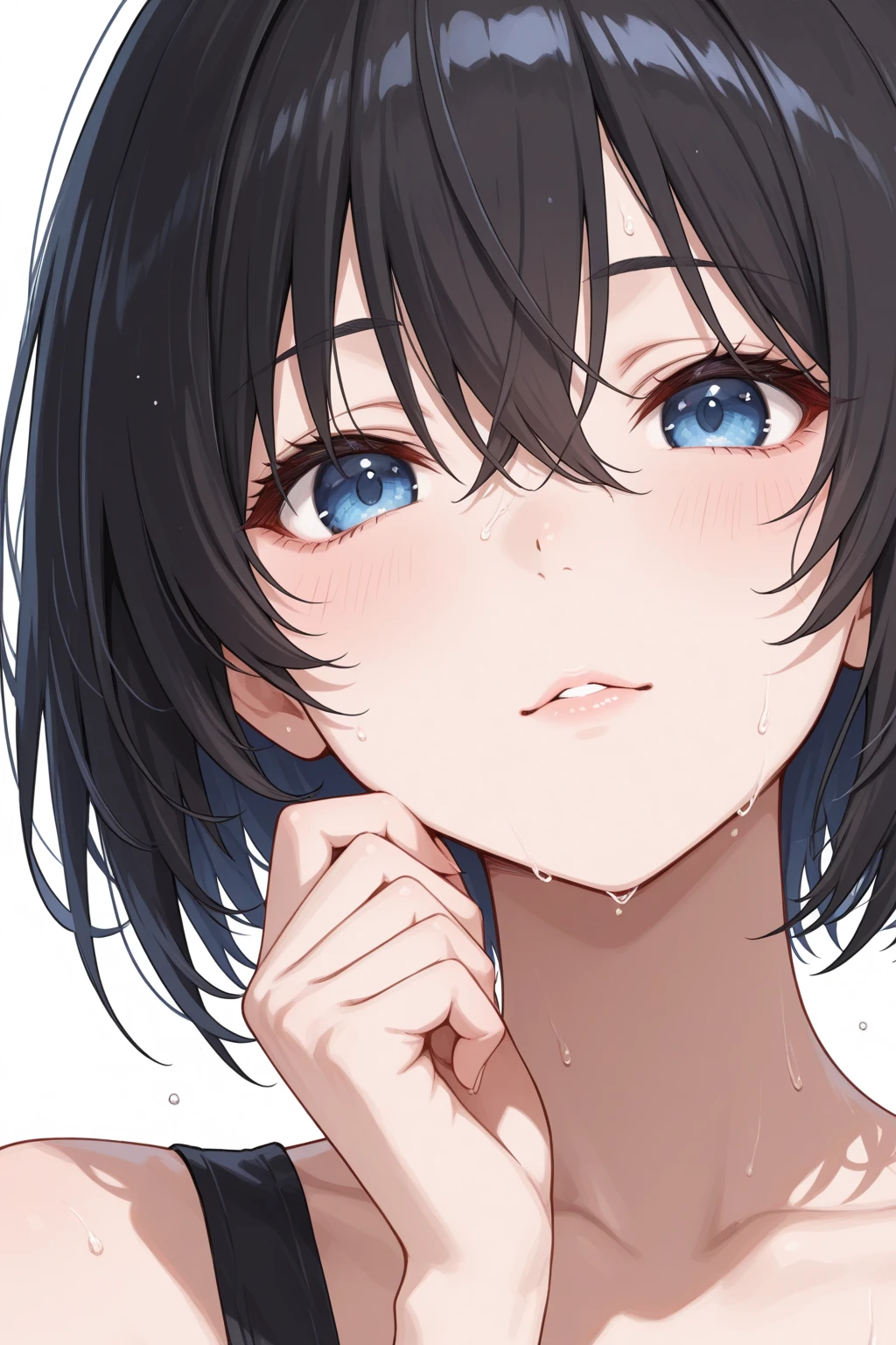 Close-up of a cartoon girl with blue hair and a yellow shirt, 2D Animation, 2D Animation style, 2D Art, 2D Art, 2D from Gorillaz, 2D from Gorillaz, 2D Gorillaz, Screaming Cerket, 2D Sprites, Jinx Face, short hair, Small breasts, hot pants, ((Black Hair, Bright blue fur inside:1.4))