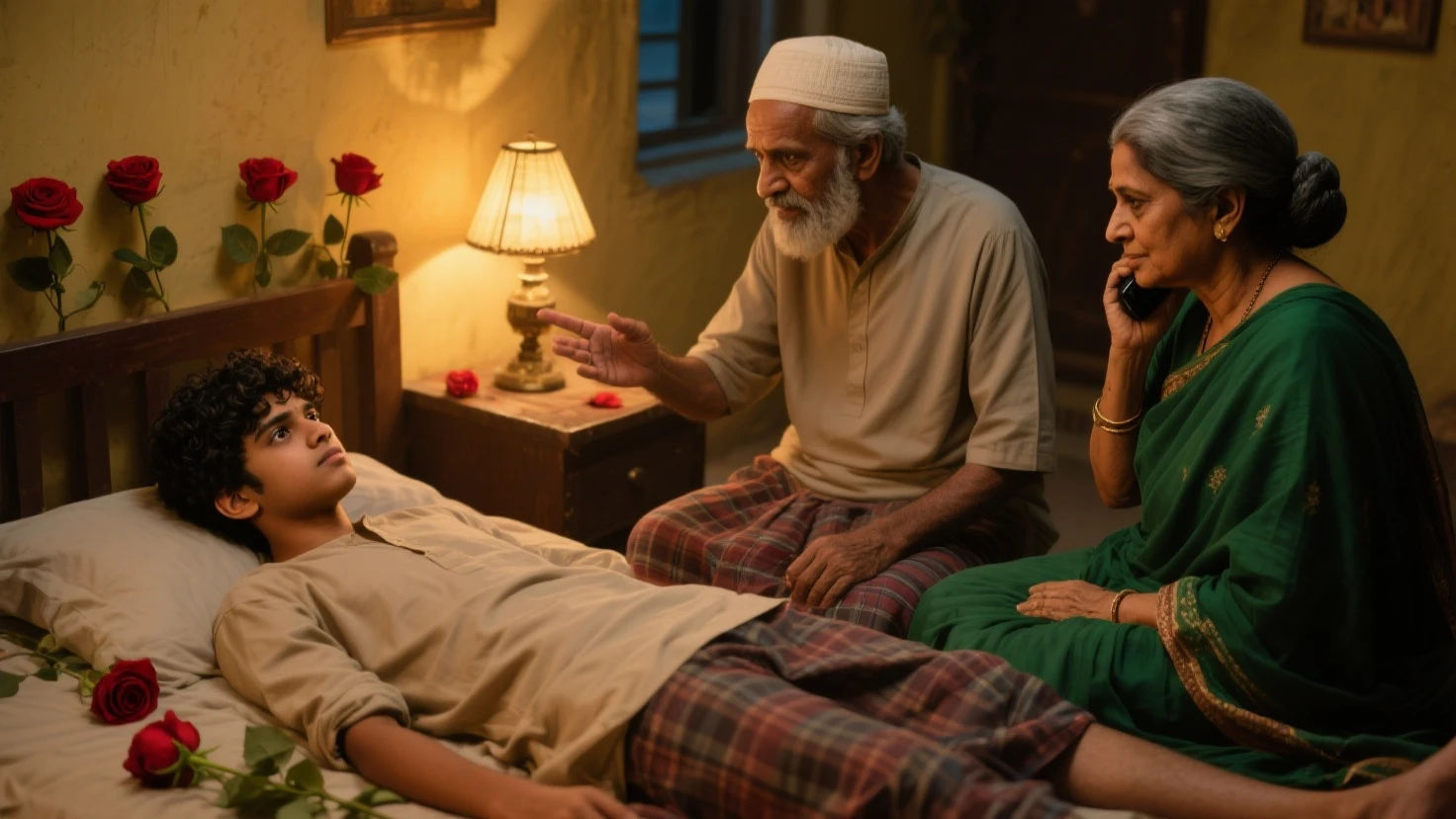 Scene 3: Treating Raju**  
   Inside a dimly lit hut, show Dr. Sudhir caring for young Raju. The scene includes worried family members in the background and Dr. Sudhir carefully administering medicine to the boy, highlighting the seriousness of the situation.