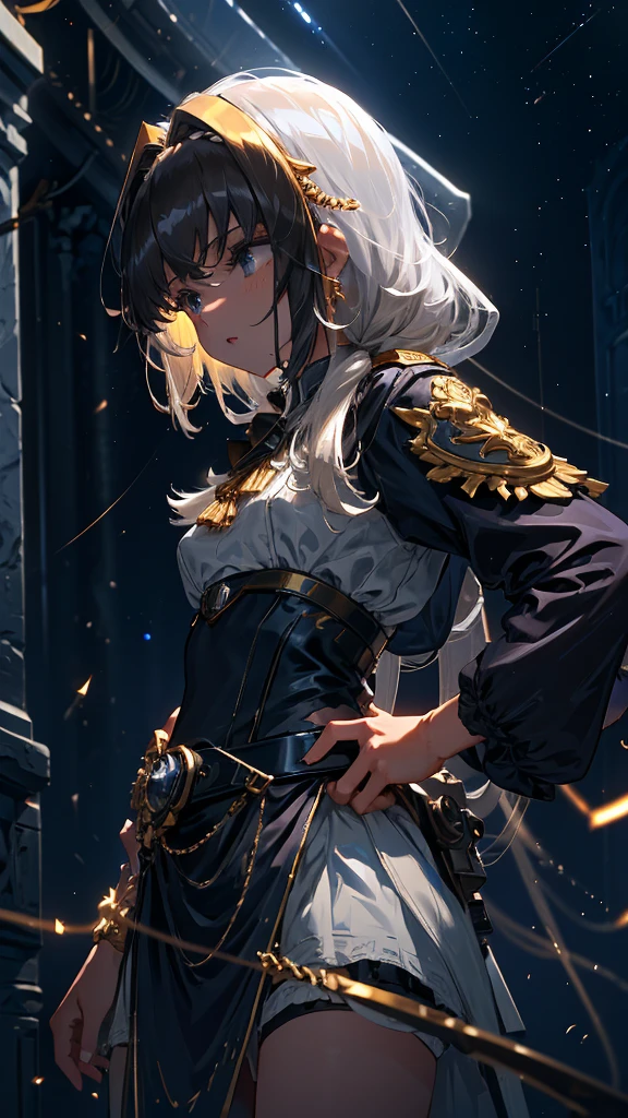 masterpiece, best quality, JingliuV5, 1girl, solo, gloves, gloves, dress, bare shoulders, closed mouth, boots, sky, black gloves, black footwear, blindfold, night sky, full moon, elbow gloves, armpits, arms up, ((chain, bound, restrained:1.3)), sitting, wariza, night, starry sky, sky, cowboy shot, view from below, far shot