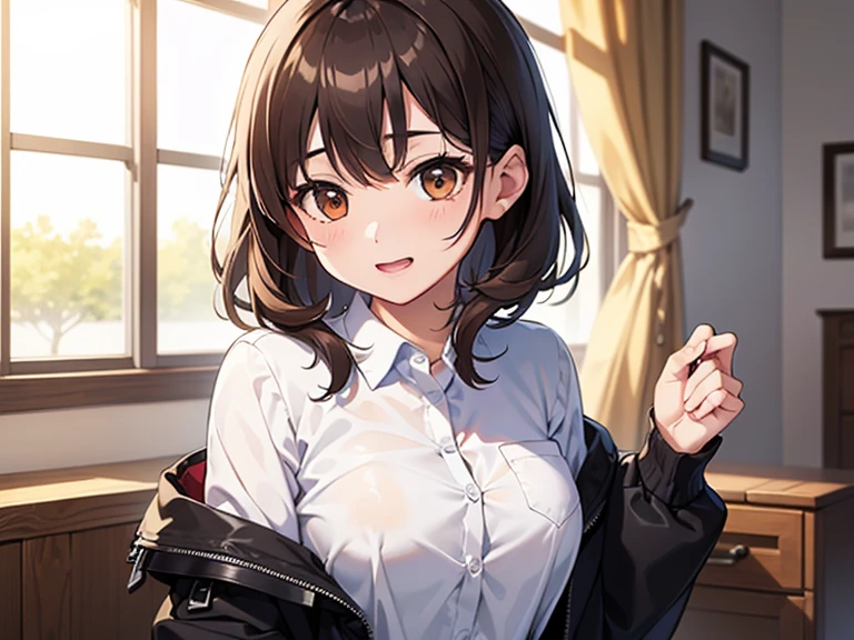 ＪＫUniforms、Wearing a long-sleeved white jacket with an open front、Wearing a thin sweater under a jacket、Breasts are big