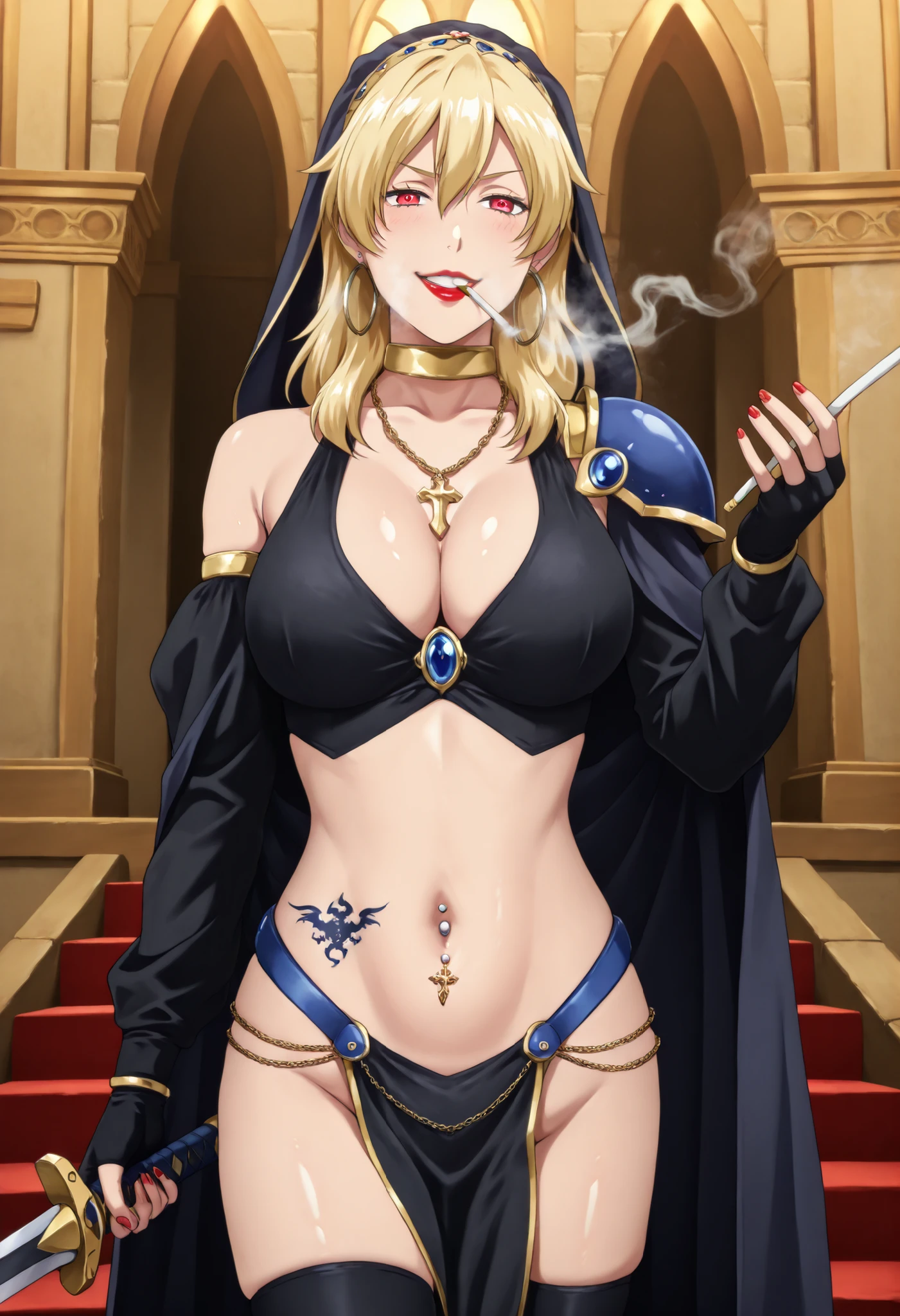 shiny skin, masterpiece,best quality,amazing quality, soft lighting, front light, official style, anime coloring, anime screencap,
arito kei, 1girl, breasts, earrings, jewelry, solo, blonde hair, long hair, red nails, hoop earrings, , lipstick, red eyes, , makeup, nail polish,, hair between eyes,
, ear piercing, long hair, , lipstick,Hot girl, baddie, smoking, sensual, attractive ,cross
necklace, choker, castle,inside castle, masterpiece, best quality, highly detailed ,gold_choker, complex detailed
background, inside, holding a sword, sword,harem_outfit,navel, necklace,
pelvic_curtain,revealing_clothes, veil, masterpiece,best quality,mature,evil
smile ,necklace,pendant, (nsfw) not safe for work, exposed belly, exposed navel, midriff,
exposed lower belly, ,cleavage, navel piercing, european architecture, palace,,
cape, pauldrons, hip armor,, left arm shoulder guard, black thighhighs, skindentation, black
gloves, , medium large breast ,looking at viewer , dragon tattoo on waist, narrowed eyes, tattoo on waist, anipai_style , anime screencap , anime coloring, v-shape eyebrows,