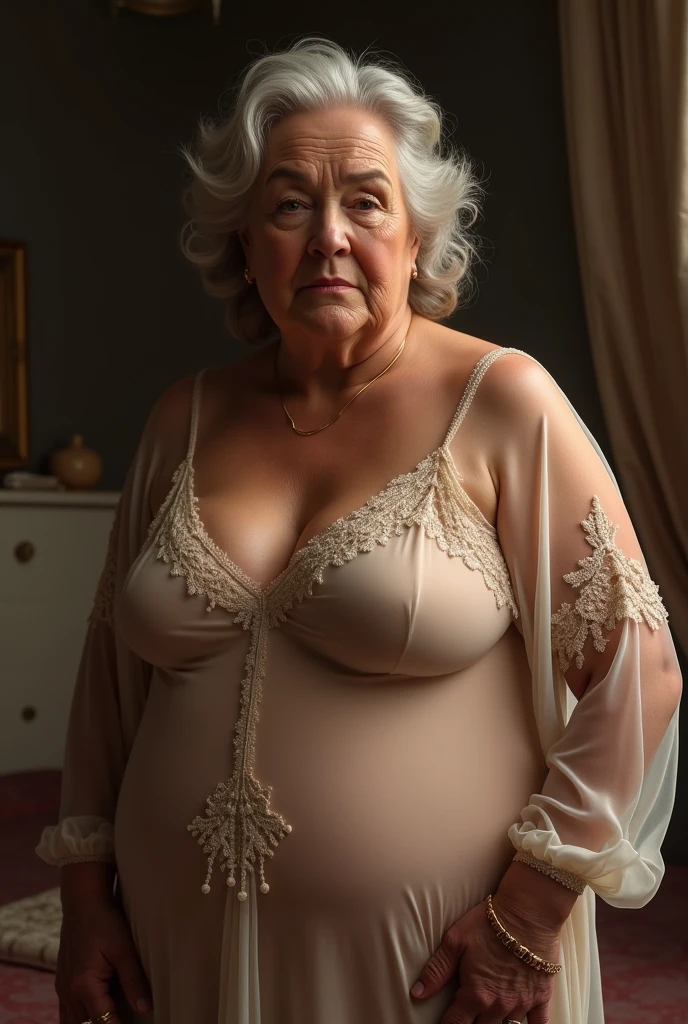 A realistic photo of a white-haired grandmother with curly hair and big breasts sitting, wearing white lingerie, with her legs stretched out