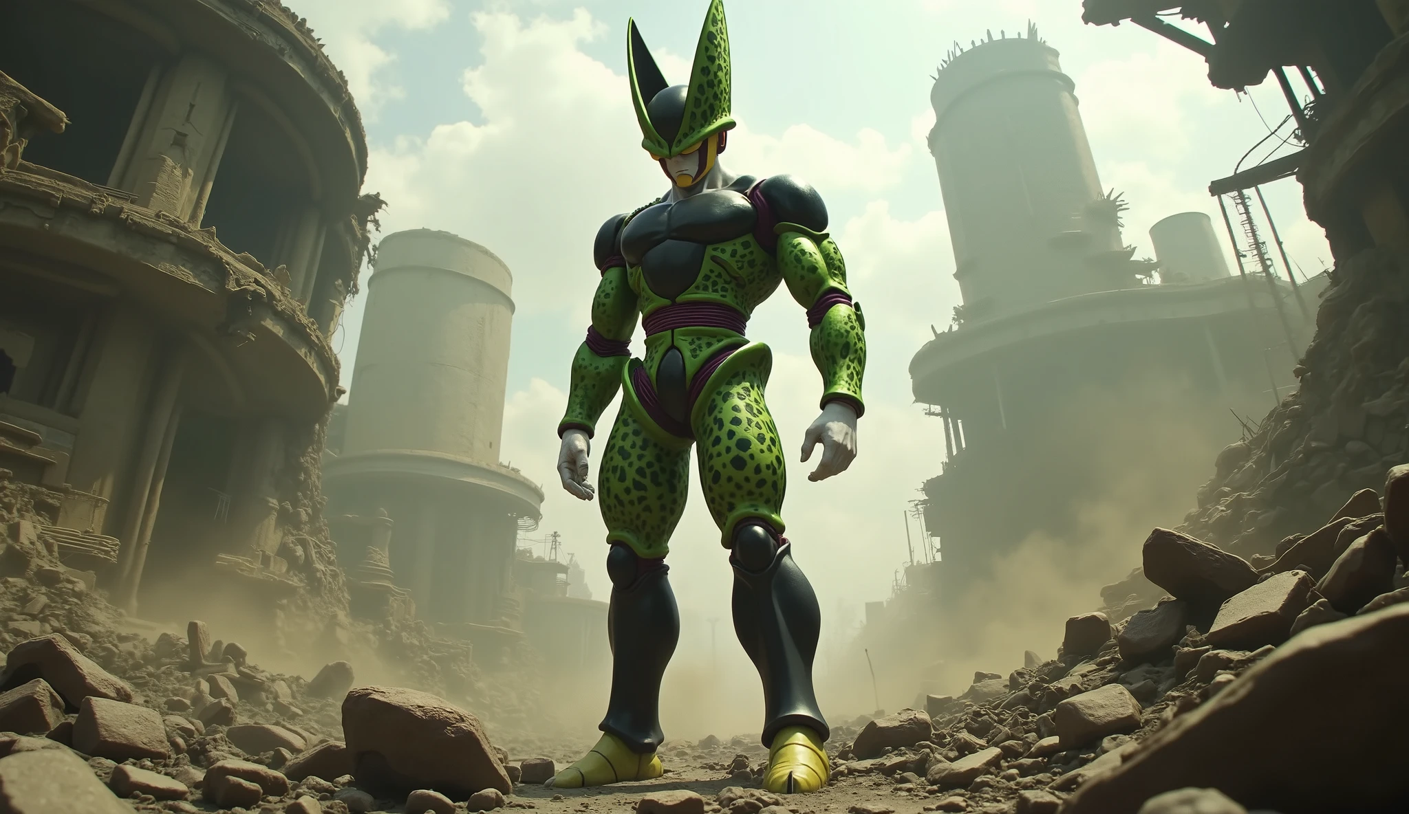 ultra realistic full-body cinematic shot of a tall humanoid bio-engineered creature inspired by Cell perfect form from Dragon Ball, smooth green exoskeletal skin with subtle black patterning and organic textures, angular facial structure with crown-like protrusion on head, hybrid human-reptilian eyes, strong but lean muscular build, standing in a decayed futuristic battlefield with collapsed metallic structures and rising dust, atmospheric lighting with shadows and gritty detail, live-action realism