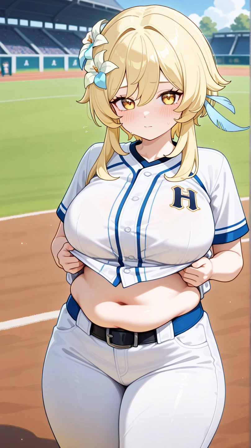 Browsing Caution,(Petite),(Crossdresser),((Groin bulge)),Baseball uniforms,blonde low twintails,Plump