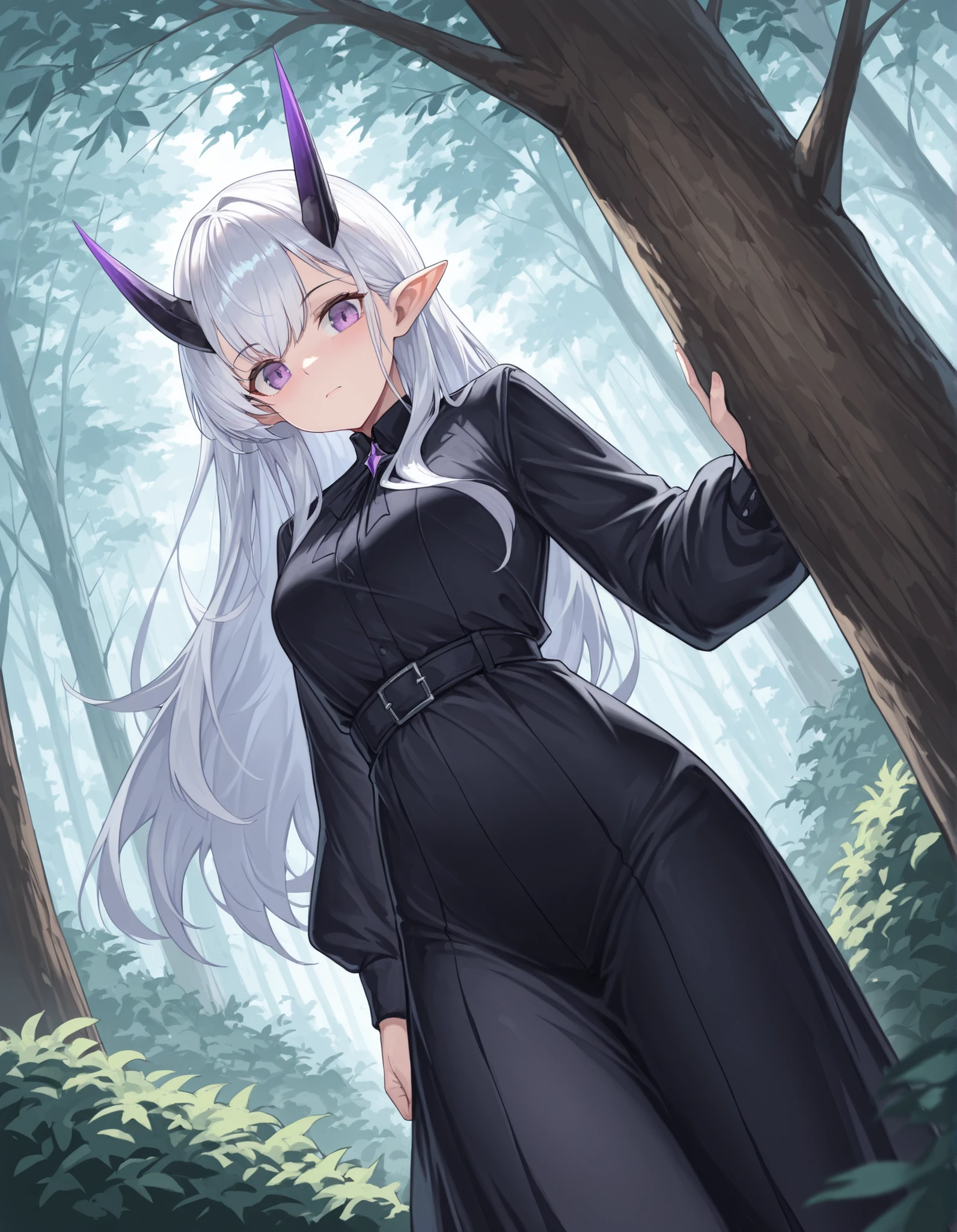 nameno92372763 Style,, masterwork, masterpiece, highres, very aesthetic, absurdres, 8k, uhd, high detailed face, absolutly gorgeous, high detailed eyes, perfect eyes, dynamic light, dynamic angle, natural light, 1girl, solo, long hair, looking at viewer, closed mouth, white hair, short sleeves, outdoors, horns, pointy ears, day, blurry, tree, nature, forest, purple eyes, bush, masterpiece, best quality, amazing quality, masterwork, cinematic light, harsh shadows, light and shadows, perfect composition